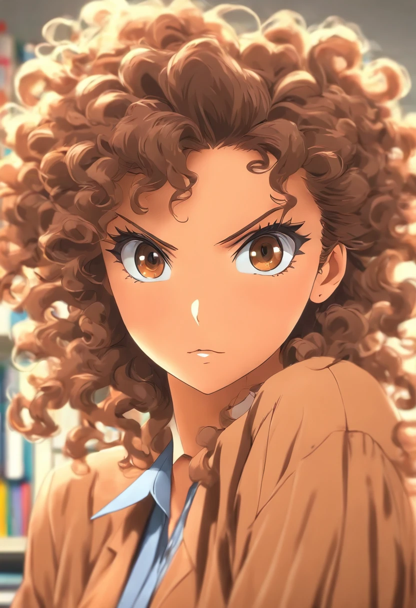 female, brown hair, curly, teacher, brown eyes, office, mature women, long hair, 90's anime