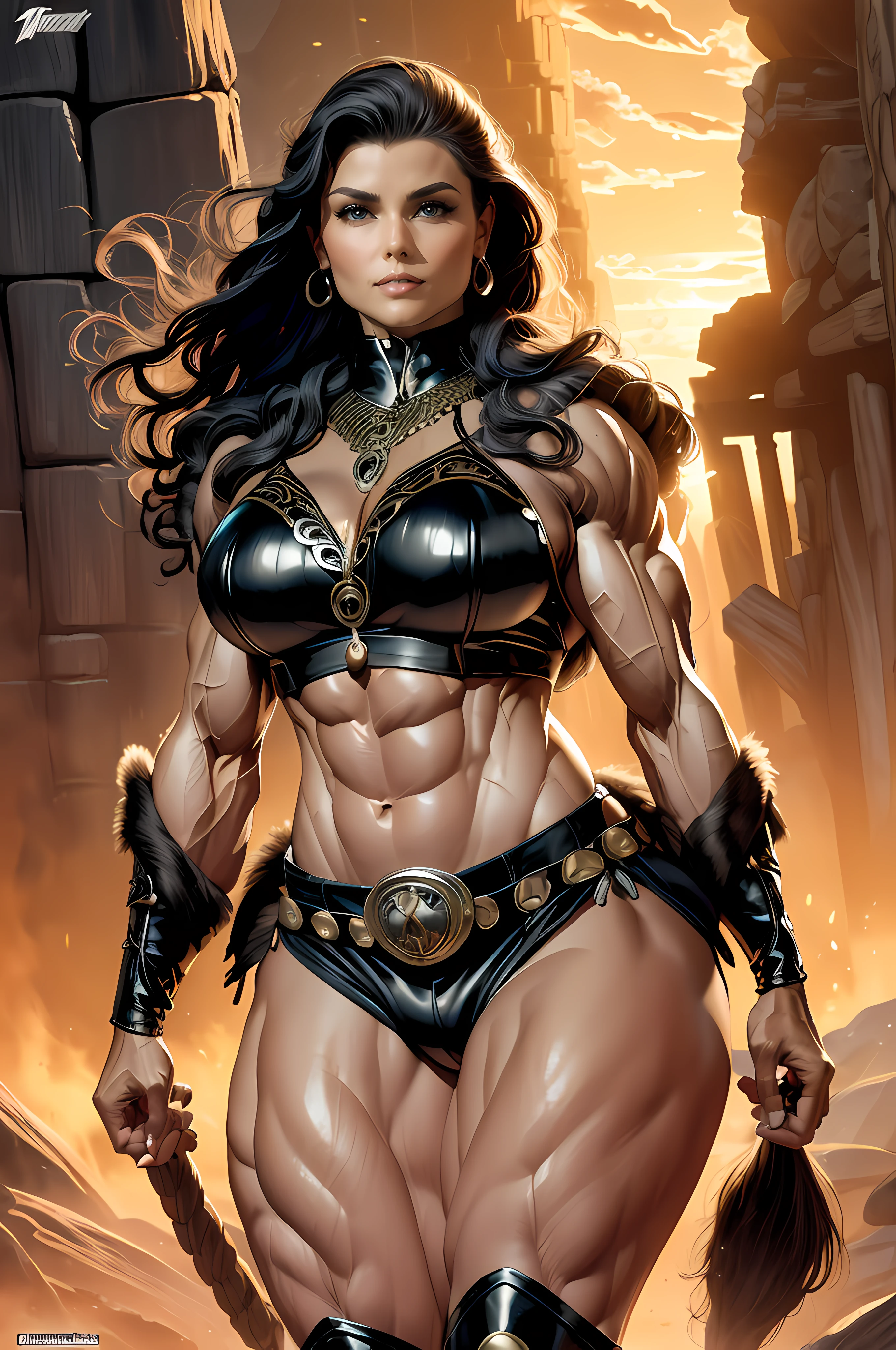 Arte primorosa inspirada John Buscema,1mulher barbara, cabelos longos ondulados, cabelos negros, olhos azuis, corpo delgado atraente, Medium breasts covered by a chainmail, shorts made of leather and boots made with bearskin, olhar arrogante, pose sensual e, ao mesmo tempo, dominante, pelos negros, guerreira segurando um machado, ((((huge muscles))))