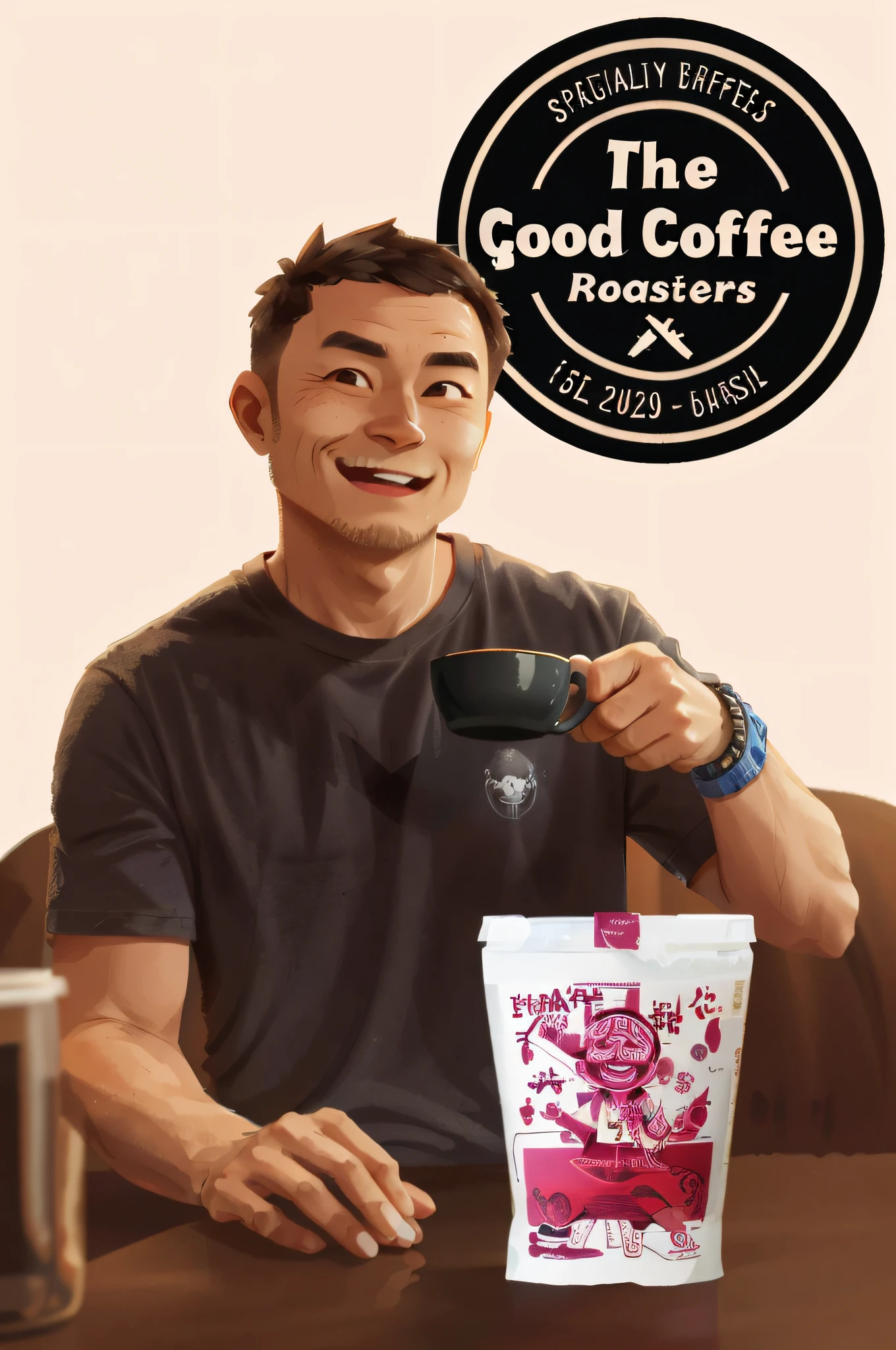 (SFW), Chinese Adult Man, drinking coffee, sorriso alegre discreto, Olhando para o Viewer, camiseta cor cinza escuro, fundo limpo na cor branca , parte superior do corpo, (homem de cabelos curtos alegremente), Blurry, (short hair), Sardas, Camiseta curta, fundo da parede na cor branca, qualidade perfeita, foco claro, colorido, rosto perfeito, detalhes intrincados, angle of view ultra-low, lente grande angular
