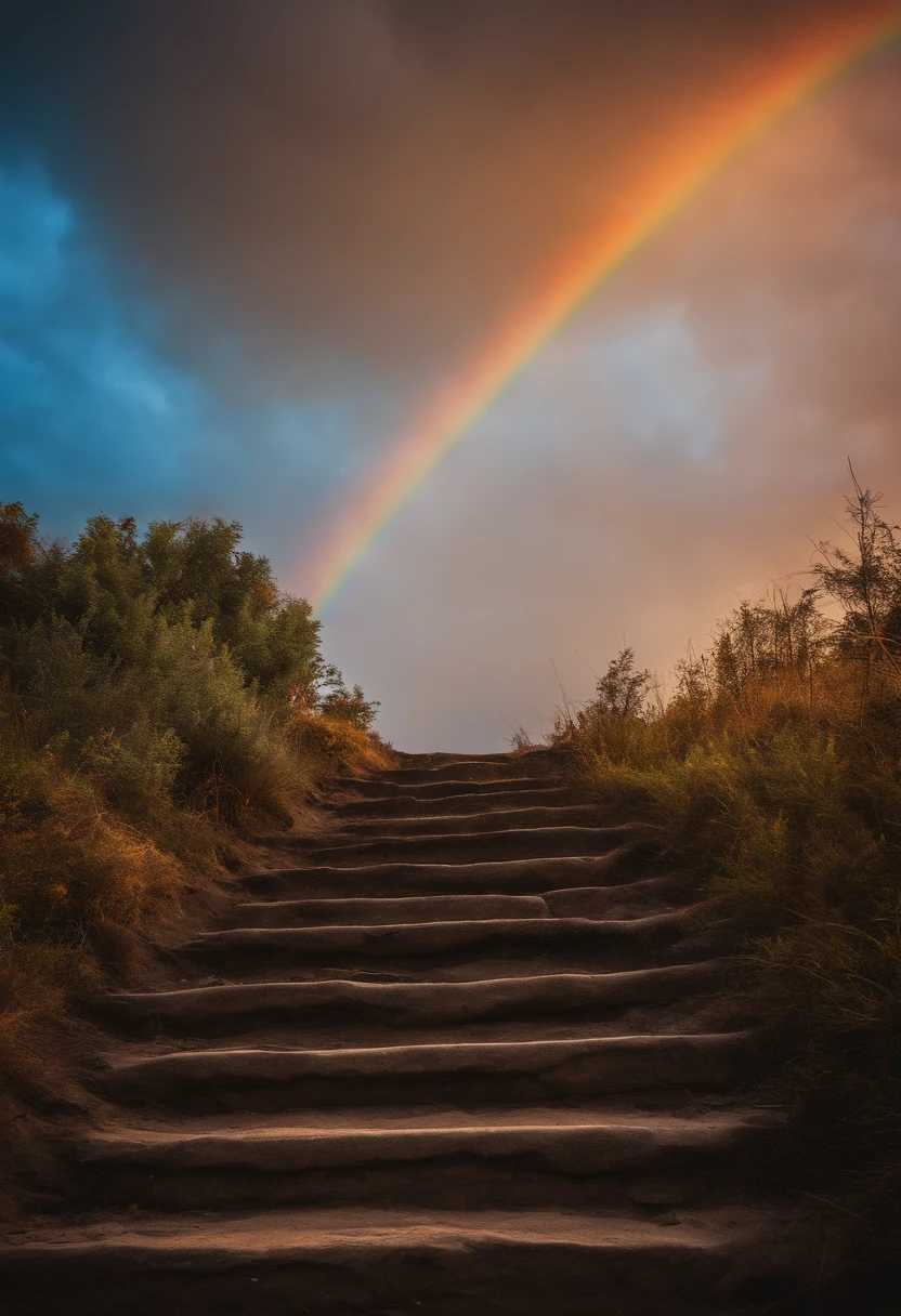 Close-up of stairs leading to rainbow sky, stairway to heaven, A very colorful sky, stairs from hell to heaven, Leading to the sky, rainbow clouds, Colors of the sky, Rainbow Trail, colorfull sky, rainbow clouds, heaven!!!!!!!!, Rainbow, rainbow colors, psychedelic sky, Em cores lindas, Cor irridescent, sonho colorido, colorful skies