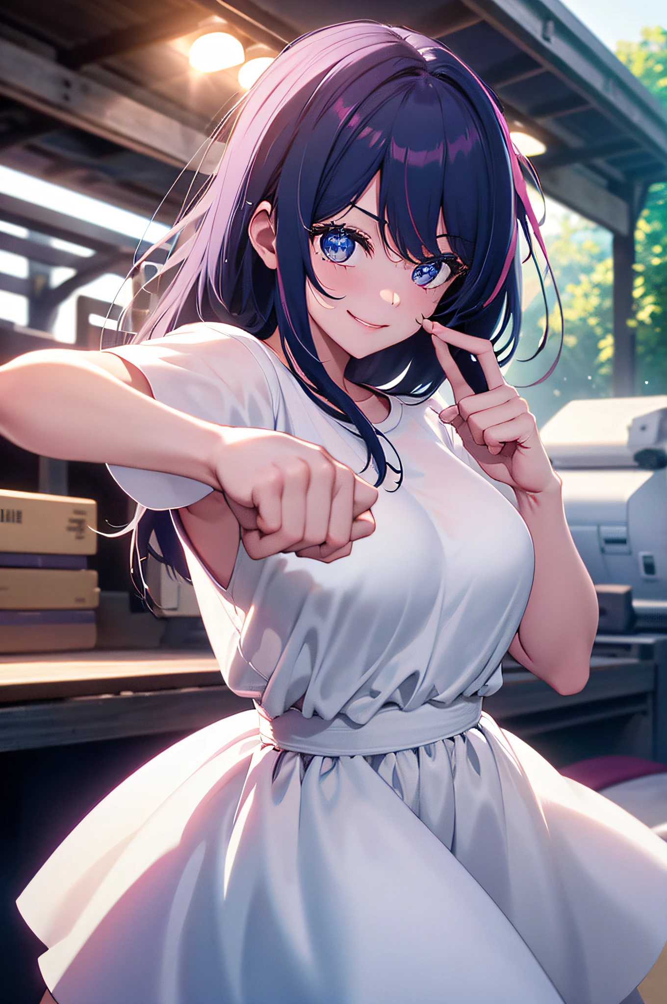 best qualtiy, tmasterpiece, 1girll, beauitful face, (photos realistic:1.3), edge lit, (highdetailskin:1.2), 8K, Ultra HD, dslr camera, hightquality, hight resolution, 4K, 8K, Bokeh, absurderes, optimal ratio of four fingers and one thumb, (realisticlying:1.3), pretty 1girl, dressed in a white t-shirt, medium breasts, short white dress,Pure sunshine smile,