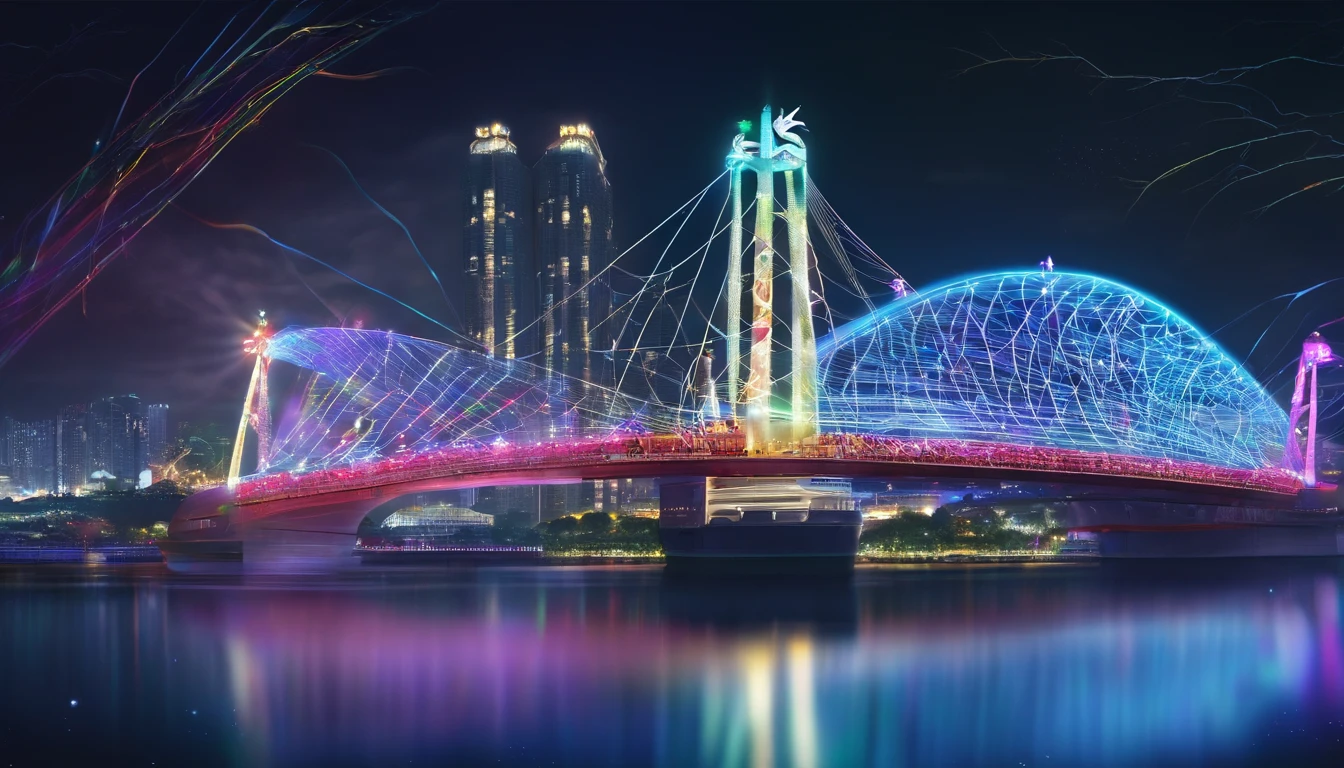 Create a commercial photographic work depicting Qingxiu Mountain in Nanning,nighttime scene,Cruise ships in exercise,The beautiful bridge is accompanied by colorful light ribbons,