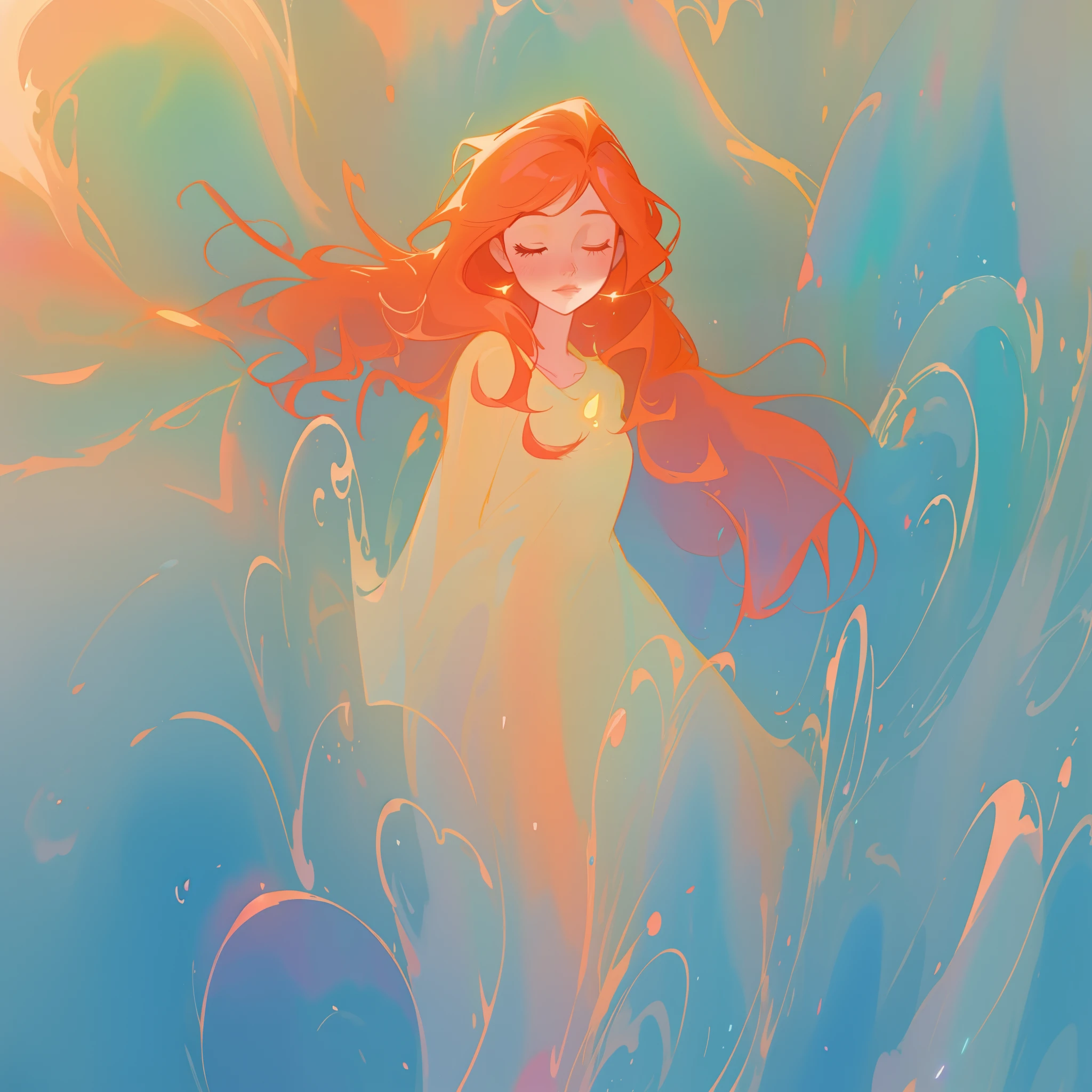 beautiful girl surrounded by colorful liquid, long wavy red hair, watercolor illustration, inspired by Glen Keane, inspired by Lois van Baarle, disney art style, by Lois van Baarle, glowing aura around her, by Glen Keane, jen bartel, glowing lights! digital painting, flowing glowing hair, glowing flowing hair, beautiful digital illustration, fantasia otherworldly landscape plants flowers, beautiful, masterpiece, best quality, anime disney style