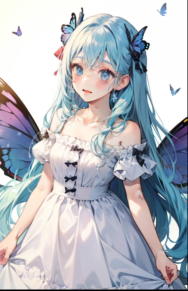 girl with、Background white、without background、Light blue hair、The long-haired、with blush cheeks、Embarrassing、White Dress、butterflys々、Butterfly wings grow、frilld、bow ribbon、kawaii、without background