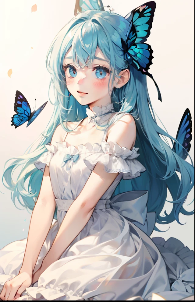 girl with、Background white、without background、Light blue hair、The long-haired、with blush cheeks、Embarrassing、White Dress、butterflys々、Butterfly wings grow、frilld、bow ribbon、kawaii、without background