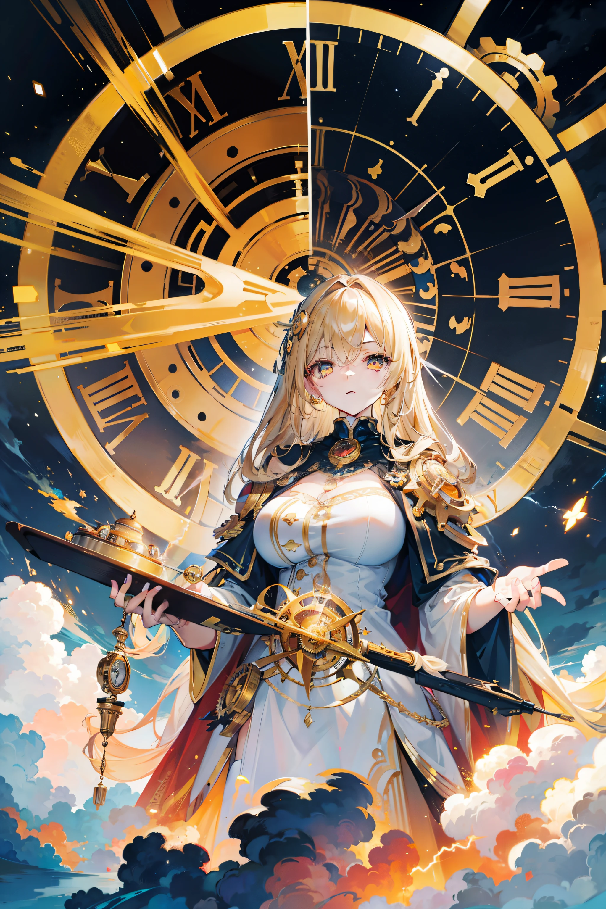 Beautiful large golden eye, with a golden clock with many gears in the middle of the eye, surrounded by clouds and lightning, eye is extremely detailed and endlessly deep, giant eye is overlooking a nebula, detailed, masterpiece.