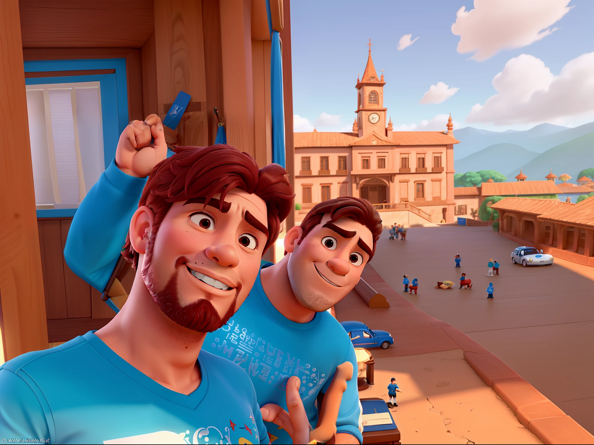 Casal (homem moreno e homem moreno) no estilo Disney Pixar, alta qualidade, melhor qualidade.