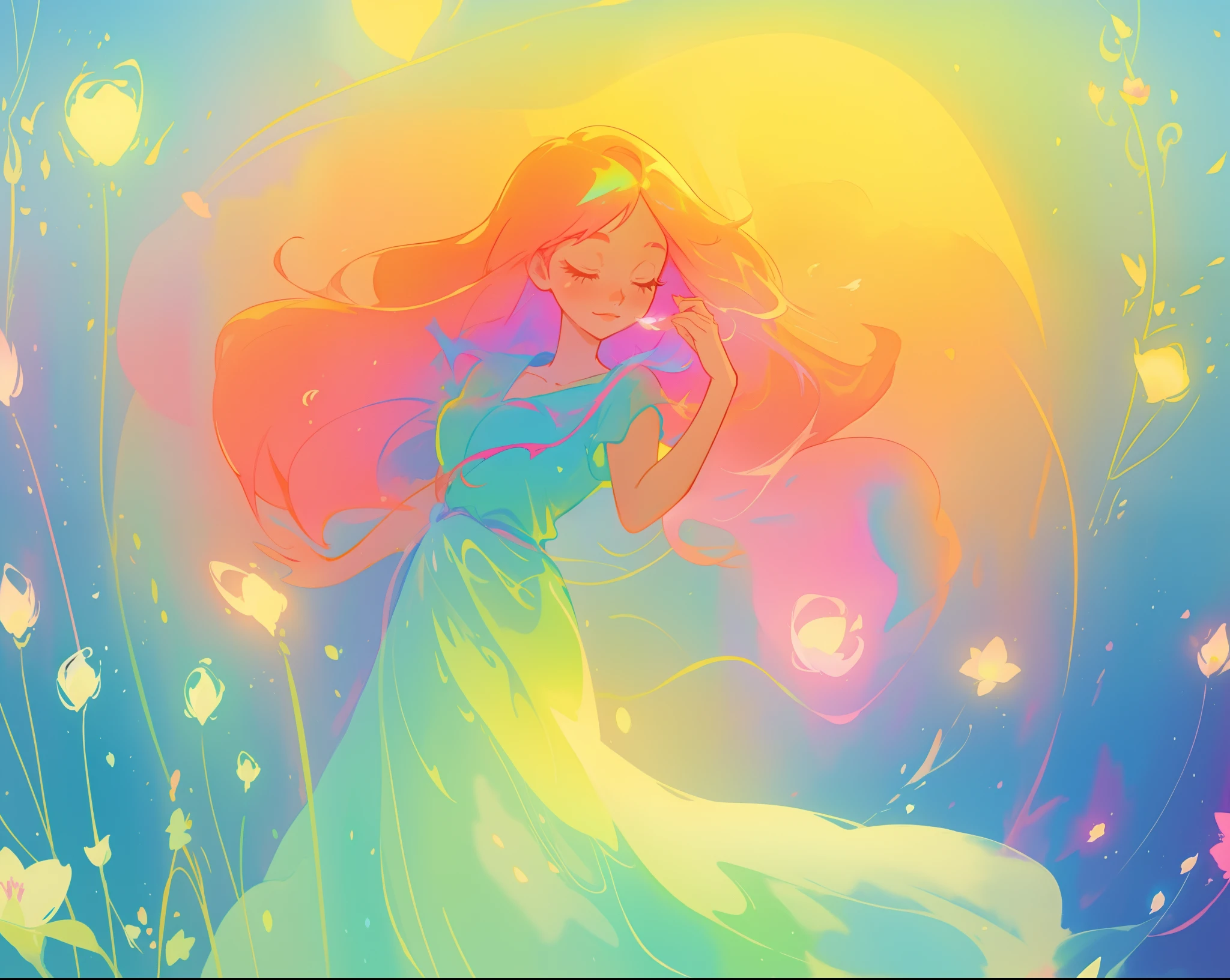 beautiful girl in flowing green and blue gradient dress, long colorful pink hair, colorful fantasia background, watercolor illustration, inspired by Glen Keane, inspired by Lois van Baarle, disney art style, by Lois van Baarle, glowing aura around her, by Glen Keane, jen bartel, glowing lights! digital painting, flowing glowing hair, glowing flowing hair, beautiful digital illustration, fantasia otherworldly landscape plants flowers, beautiful, masterpiece, best quality, anime disney style