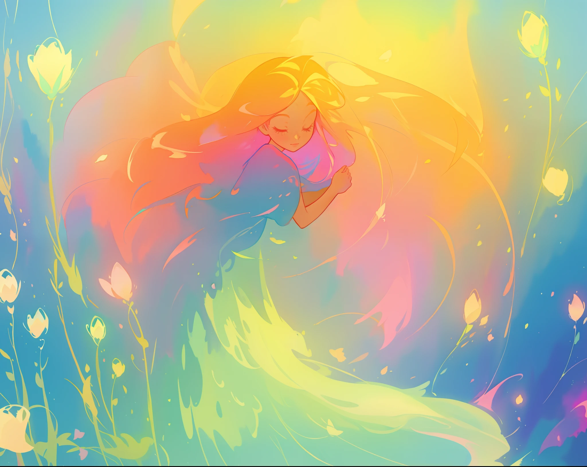 beautiful girl in flowing green and blue gradient dress, long colorful pink hair, colorful fantasia background, watercolor illustration, inspired by Glen Keane, inspired by Lois van Baarle, disney art style, by Lois van Baarle, glowing aura around her, by Glen Keane, jen bartel, glowing lights! digital painting, flowing glowing hair, glowing flowing hair, beautiful digital illustration, fantasia otherworldly landscape plants flowers, beautiful, masterpiece, best quality, anime disney style