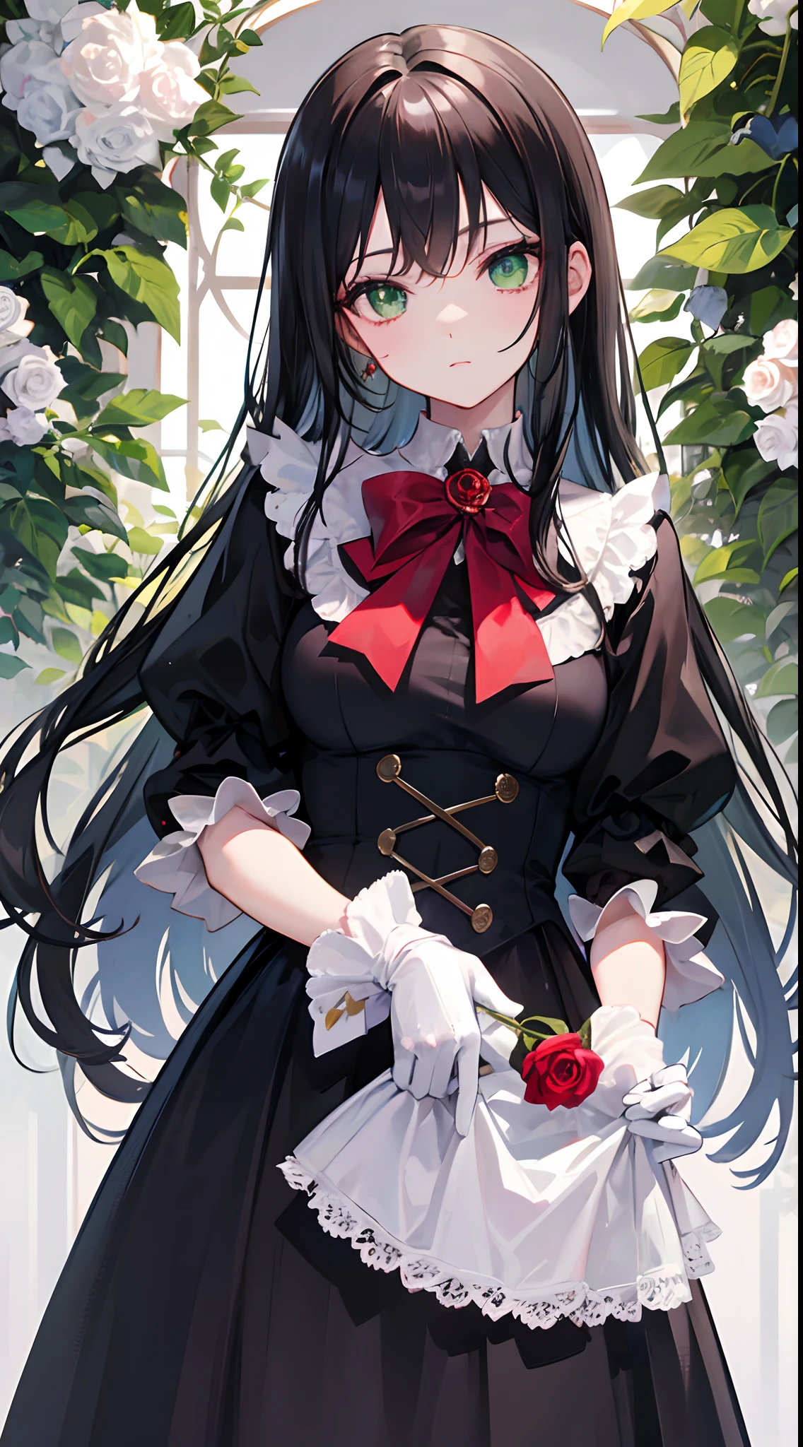 Long black hair, green eyes, black dress, red bow tie, white gloves, monocle, holding a rose, British style