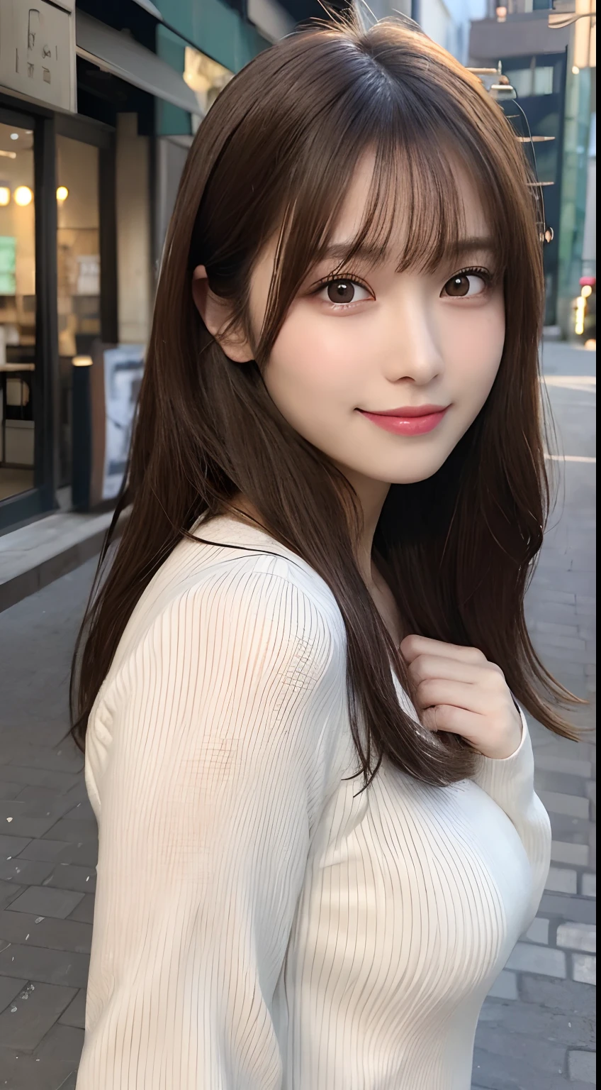masutepiece, Best Quality, Illustration, Ultra-detailed, finely detail, hight resolution, 8K Wallpaper, Perfect dynamic composition, Beautiful detailed eyes, doress,Medium Hair, mid-chest, Natural Color Lip, Random and sexy poses,Smile, Blurred park background、20 years girl、Colossal 、Too much exposure、No shoulder knitwear(white)、Exposing the chest、Slid、I keep my hair tied up