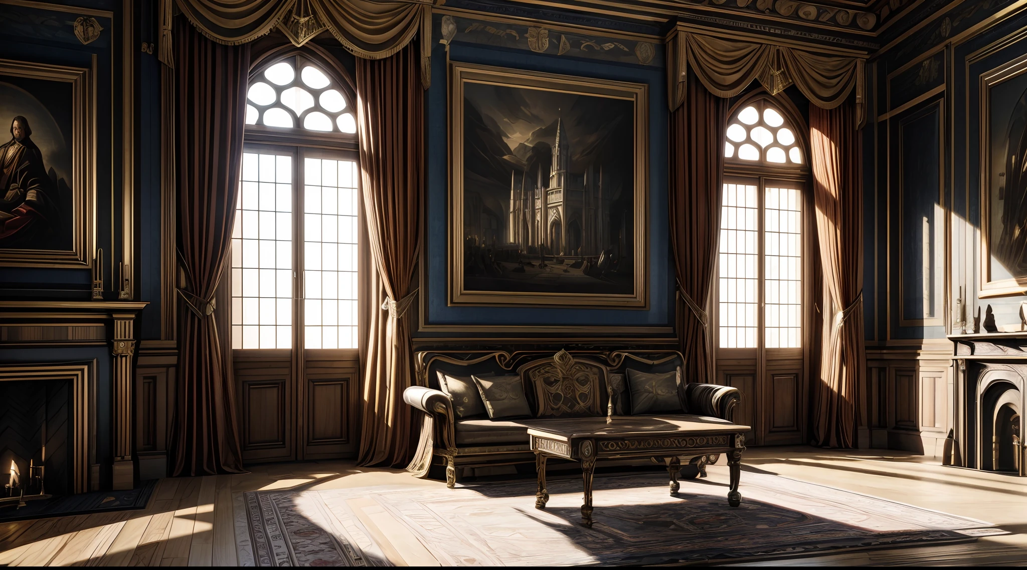 masterpiece, Highly detailed, super realistic, detailed background, bright Lighting, Daylight,
medieval style, 4k, 8k,
(Royal Palace Living Room),