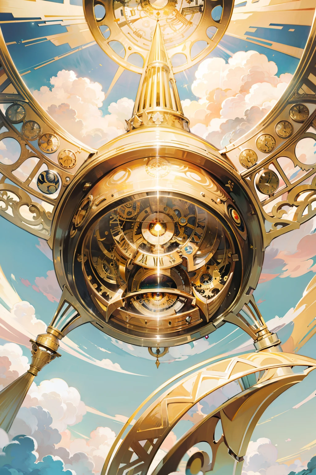 gigantic golden clockwork eye in the sky, surrounded by clouds and many floating golden pillars, detailed, masterpiece