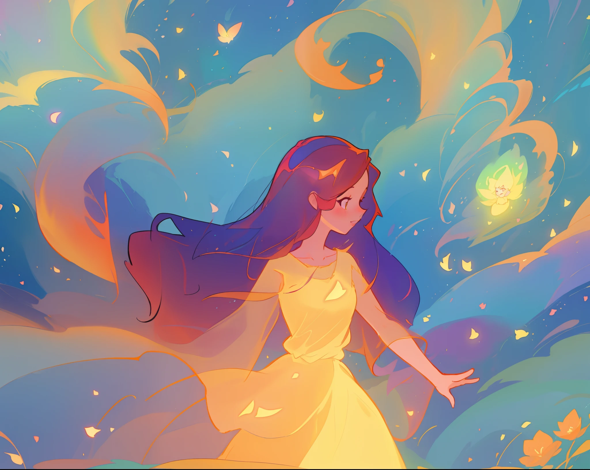 beautiful girl in flowing golden dress, fairy dress, long dark hair, swirling colorful magic around her, watercolor illustration, inspired by Glen Keane, inspired by Lois van Baarle, disney art style, by Lois van Baarle, glowing aura around her, by Glen Keane, jen bartel, glowing lights! digital painting, flowing glowing hair, glowing flowing hair, beautiful digital illustration, fantasia otherworldly landscape plants flowers, beautiful, masterpiece, best quality, anime disney style