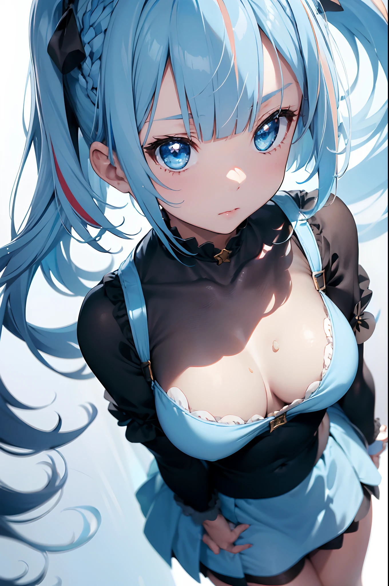 Illustration of a cute  model girl, (Anime style:1.2),(high color contrast:1.2),(((masterpiece, best quality)))((masterpiece:1.5)), (best high quality, ultra high res, ultra highly detailed, 4k:1.3),((perfect hands, perfect fingers, perfect legs)),break,1girl,1woman, (early teen, loli face:1.6), (chibi:1.2), ((light blue eyes)),((round eyes)), big breasts, glare, white skin, (((skinny))), glare,((shiny body, shiny skin, big breasts)), (((blunt bangs:1.3))), (((white bob hair:1.4))), (((blue colored inner hair:1.3))),(((blue streaked hair:1.3))), ((blue eyes)), ((sparkling reflection eyes)),((white skin)),((((shiny body, shiny skin, large breasts)))), dynamic pose , (( blue glowing eyes)), butterfly hair ornament, BREAK  ,cleavage cutout black China dress
, mini skirt, gold decoration, ultra detailed , BREAK, 
background , shiny white, (stop motion),BREAK, (from above),((face focus:1.4)), leaning forward , looking at viewer, ((look into the camera)), BREAK