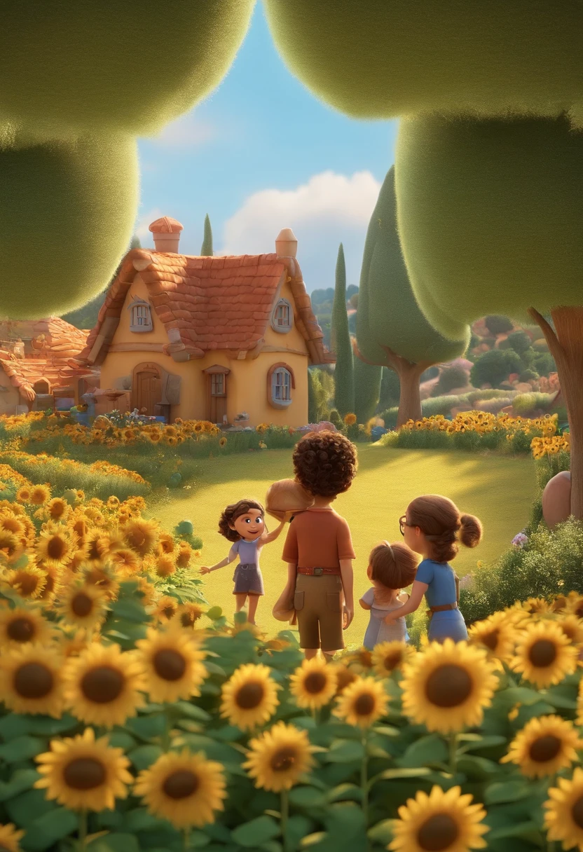 Create a Disney PIXAR-style 3D poster. ((centro da imagem, Triplets)), ((3 children)) ((1 menino no meio e 2 meninas ao lado, They're hugging each other, O menino tem pele castanha e cabelos castanhos escuros e olhos castanhos escuros, 1 menina tem pele clara, olhos e cabelos escuros e cacheados, e a outra menina tem pele morena, olhos escuros e cabelos escuros e lisos)) ((tudo isso no estilo Disney PIXAR 3D, In the background, A house of sunflowers, Gloria Studio, The garden is full of nature 3D render RTX clay material, estilo de design cartunesco, POP Mart, soft lighting, linhas suaves, Spring tilt, Detailed illustrations of PIXAR 3D, Detalhes hiper-realistas, cor quente no estilo Disney PIXAR 3D))