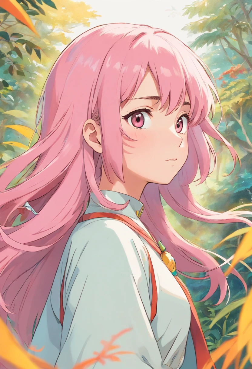 a girl, colorful animation stills, masami teraoka, paul gauguin, Embry style, honest portrayal, pink mid length hair, with white background, looking in front