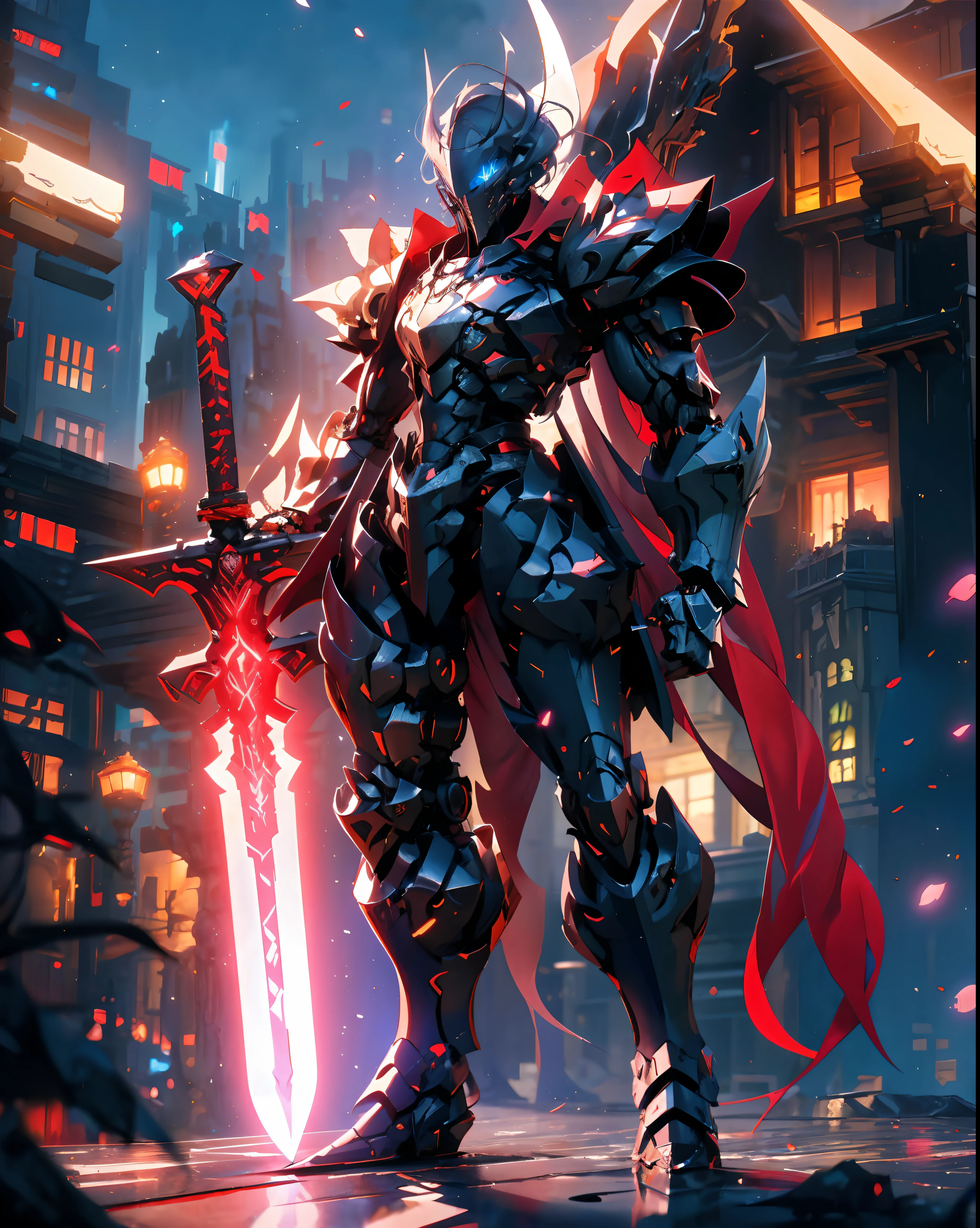 male knight with a sword in a city, darksiders art style, 2. 5 d cgi anime fantasy artwork, badass anime 8 k, anime epic artwork, style of raymond swanland, portrait of ninja slayer, by Yang J, darksiders style, ares with heavy armor and sword, guilty gear strive splash art, from arknights, (man)