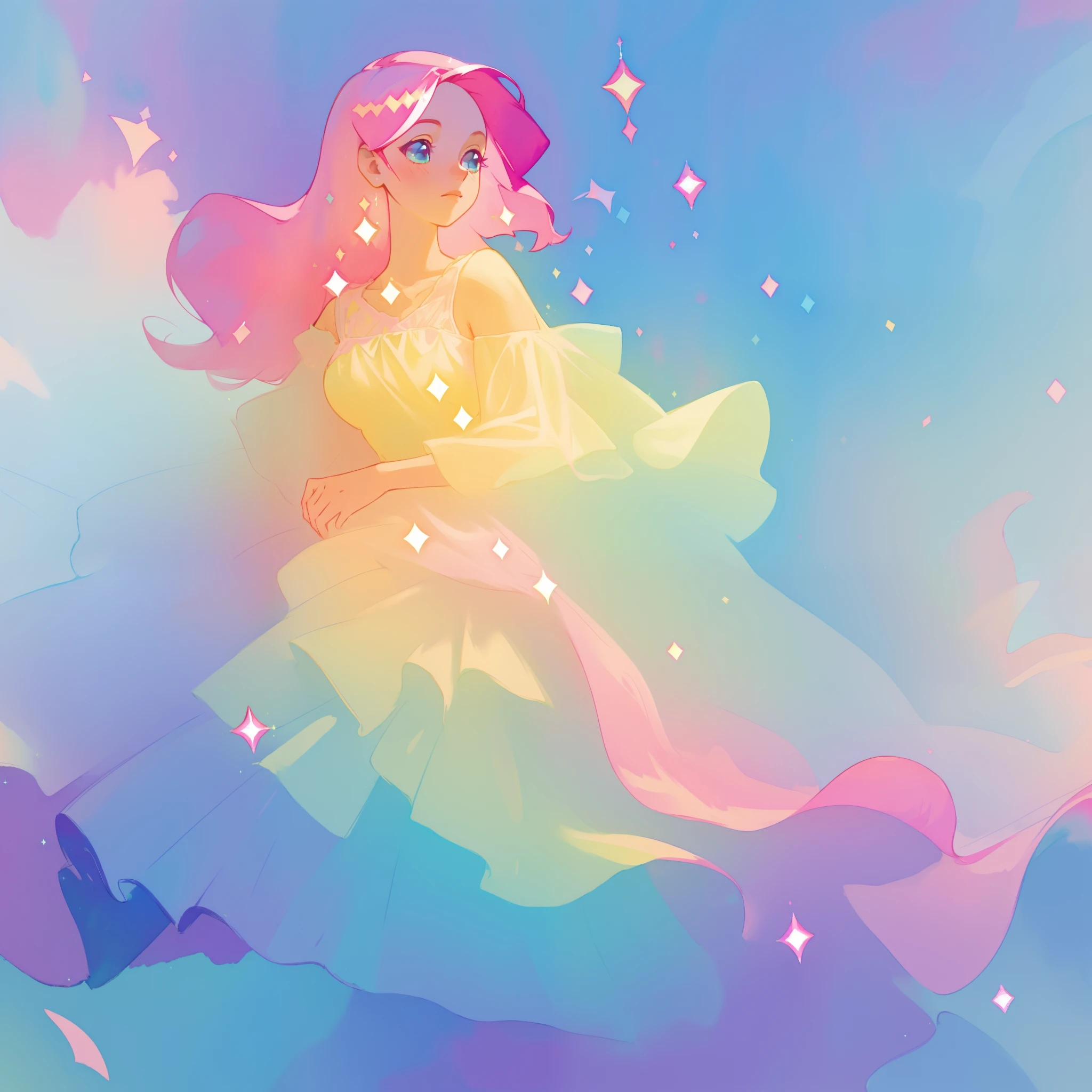 beautiful girl in flowing multi-layered colorful ballgown, ((sparkling flowing ballgown dress)), long flowing pink hair, vibrant pastel colors, colorful, watercolor illustration, masterpiece, best quality, sharp focus, intricate detail, highly detailed, 8k resolution, beautiful face, golden ratio, perfection, fantasia background, otherworldly, whimsical, magical
