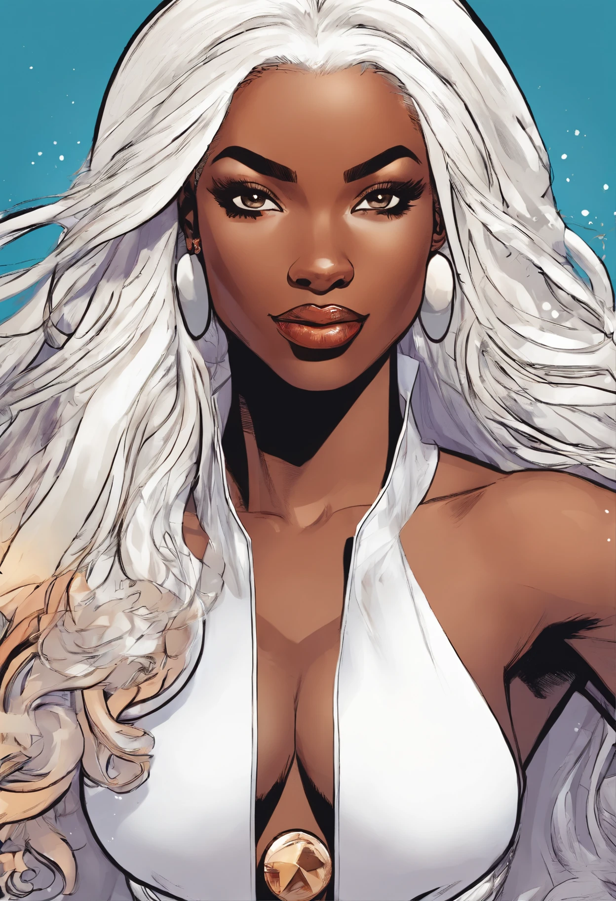 Black woman with long white hair and white super hero outfit