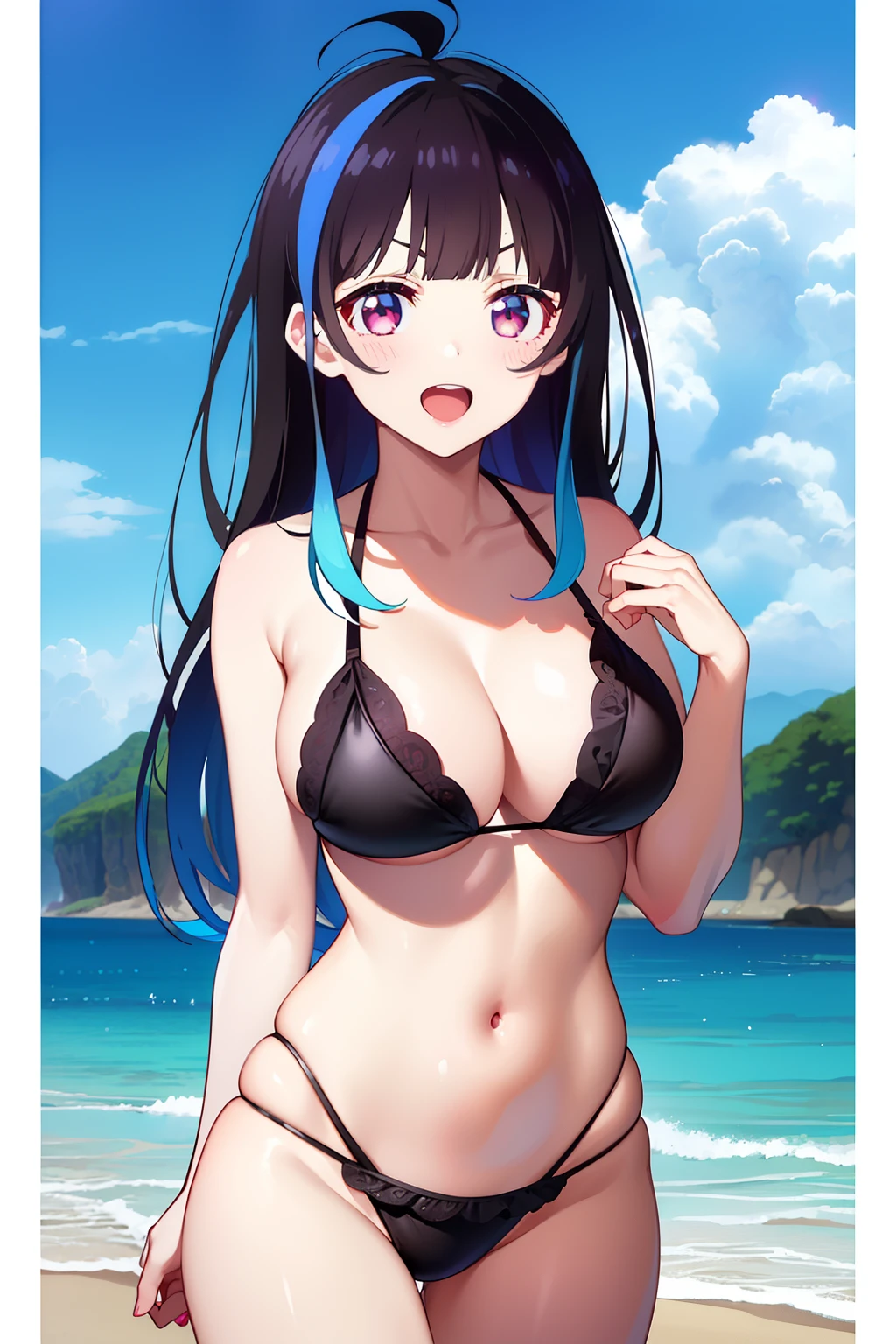 Minya Johnson, Mini Yaemori, Long hair, Bangs, Black hair, Blue hair, (Purple eyes:1.1), multicolored hair, Blunt bangs, striated hair, Ahoge,looking at the viewers,BREAK (masutepiece:1.2), Best Quality, High resolution, Unity 8k壁纸, (Illustration:0.8), (Beautiful detailed eyes:1.6), extra detailed face, Perfect Lighting, extremely details CG, (Perfect hands, Perfect Anatomy),Naughty big、 (Black Bikini:1.3)、(the beach:1.3)、cowboy  shot、thighs thighs thighs thighs、Smile with open mouth、double tooth、、