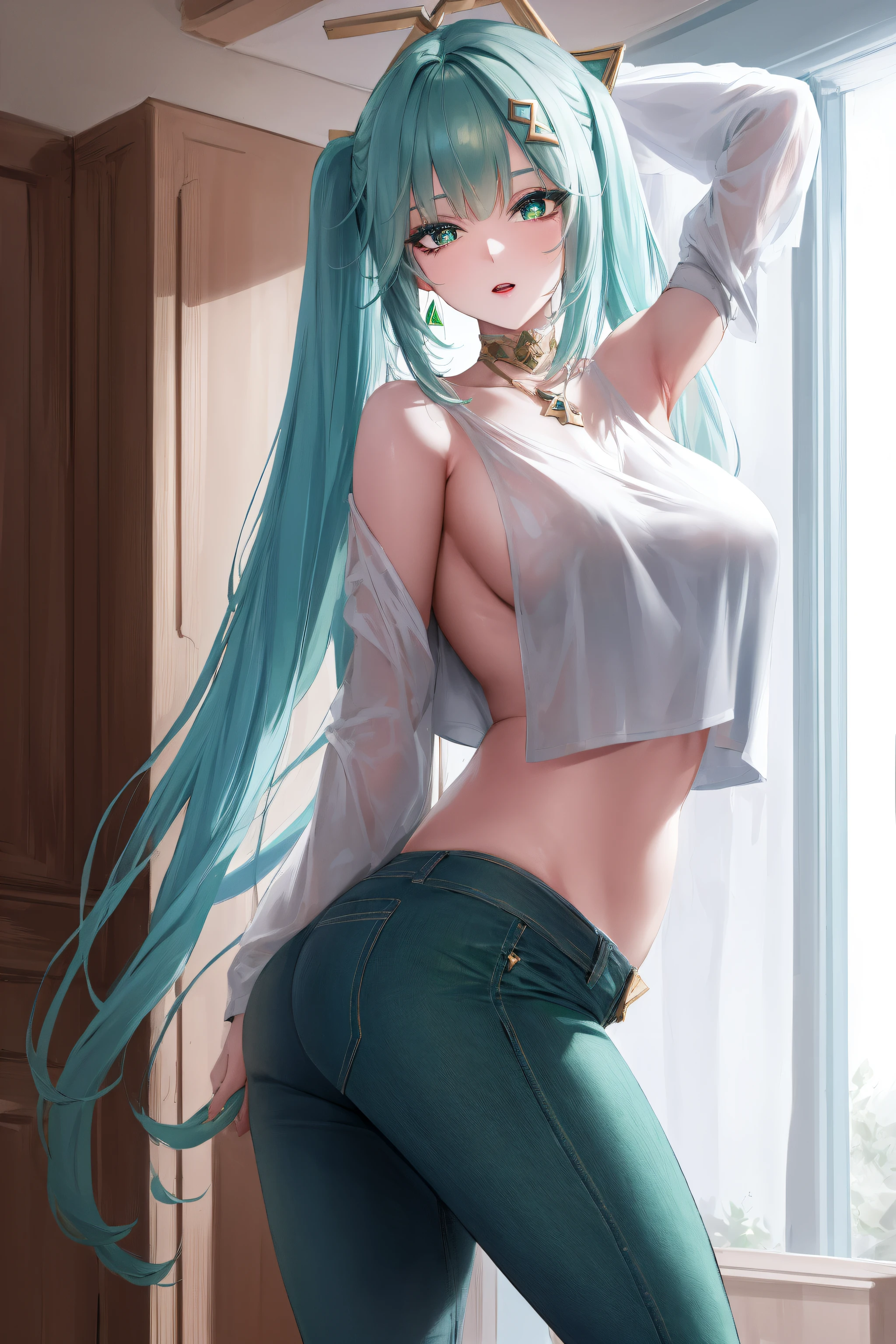 faruzan, faruzan, aqua hair, blunt bangs, cowlick, (green eyes:1.5), hair between eyes, hair ornament, long hair, (symbol-shaped pupils:1.5), (triangle-shaped pupils:1.5), twintails, x hair ornament, open mouth,seductive smile,
BREAK pants, jeans, sweater, collarbone, long sleeves,
BREAK looking at viewer, full body, (cowboy shot:1.5), upper body,armpits,arm up,
BREAK indoors, library,
BREAK (masterpiece:1.2), best quality, high resolution, unity 8k wallpaper,NSFW ,(illustration:0.8), (beautiful detailed eyes:1.6), extremely detailed face, perfect lighting, extremely detailed CG, (perfect hands, perfect anatomy),