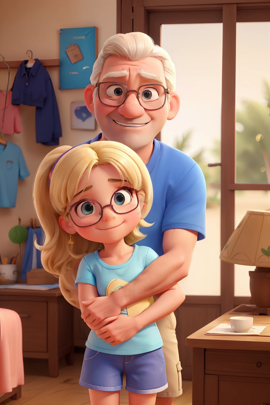 Marina is an -yeld giwith blonde hair and brown eyes. She's wearing a blue T-shirt and white shorts...... She's hugging her father, um homem alto, gordo, wearing prescription glasses and a very large beard. Marina's father is a very kind and loving man. He's always there for her, No matter what happens. Marina loves her father very much and is always happy when she is with him. Marina hugs her father tightly and says she loves him. Her father hugs her back and says he loves her very much too.. They hug for a while, apenas curtindo a companhia um do outro. Marina feels safe and loved when she is with her father. Ela sabe que sempre pode contar com ele para tudo. She is so grateful to have such a wonderful father.