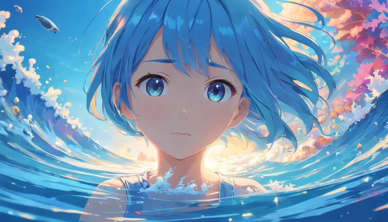 8K, 1girll, High color, Gorgeous, (Fractal Art 1.8), Pout, Youth, Blue hair, Deep under the sea, Gorgeous, Dynamic, Visual impact, Hands in pockets, (Wave 1 on the lens.5)