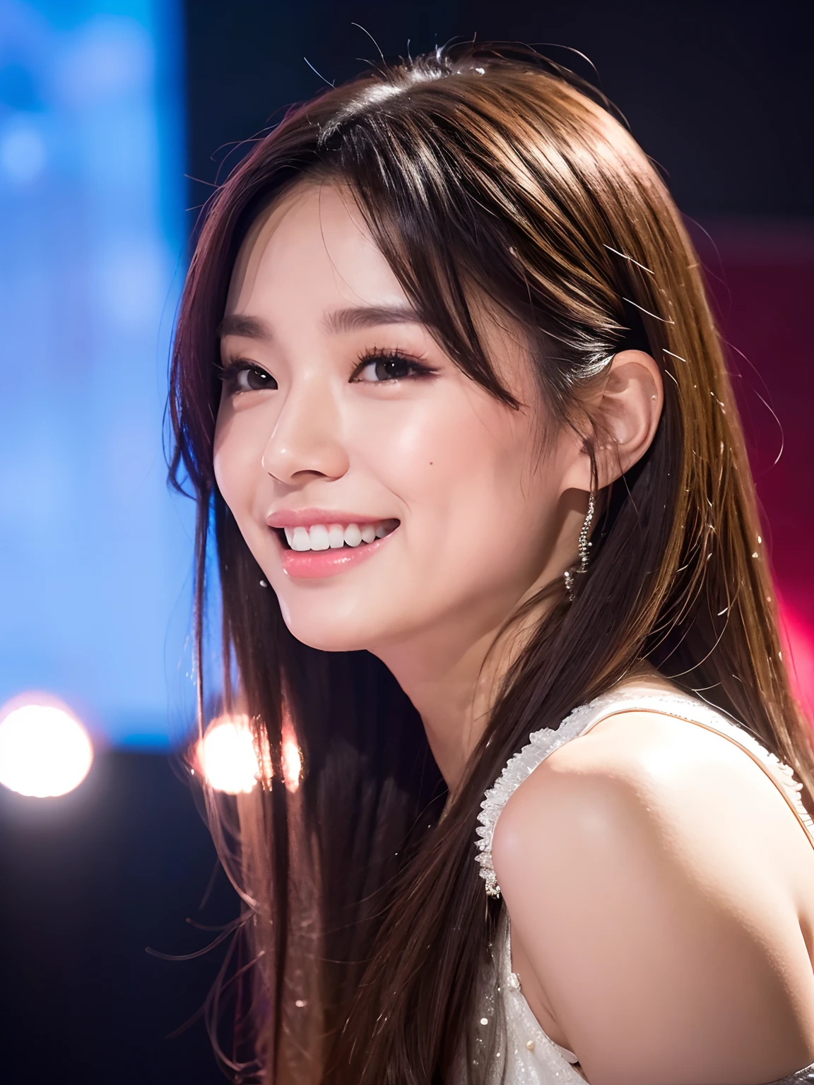 (girl with: 1.6), (lola:RussianDoll:0.4), (lola:TaiwanDoll:0.4), (Best Quality, 8K, masutepiece: 1.3), Highly detailed face and skin texture, Delicate eyes, Double eyelids, Whitened skin, long hair split edges, (Round face: 1.4), gaze at the audience, Leaking teeth and smiling, (From Side), (close up), (extremley), (The lights are dim：1.3）