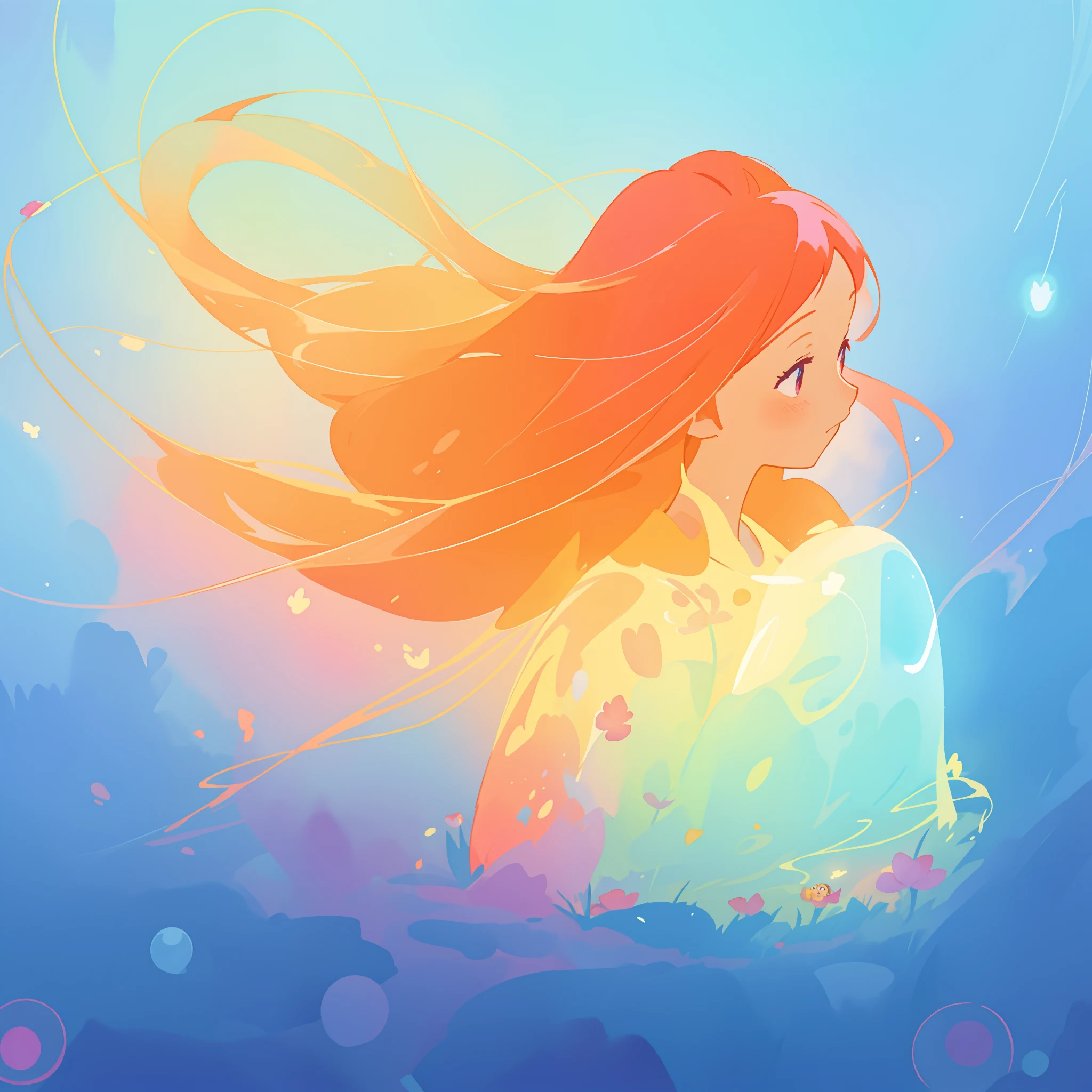beautiful girl hugging a glowing blue light, long flowing liquid red pink hair, colorful fantasia background, watercolor illustration, disney art style, glowing aura around her, glowing lights, beautiful digital illustration, fantasia otherworldly landscape plants flowers, beautiful, masterpiece, best quality, anime disney style