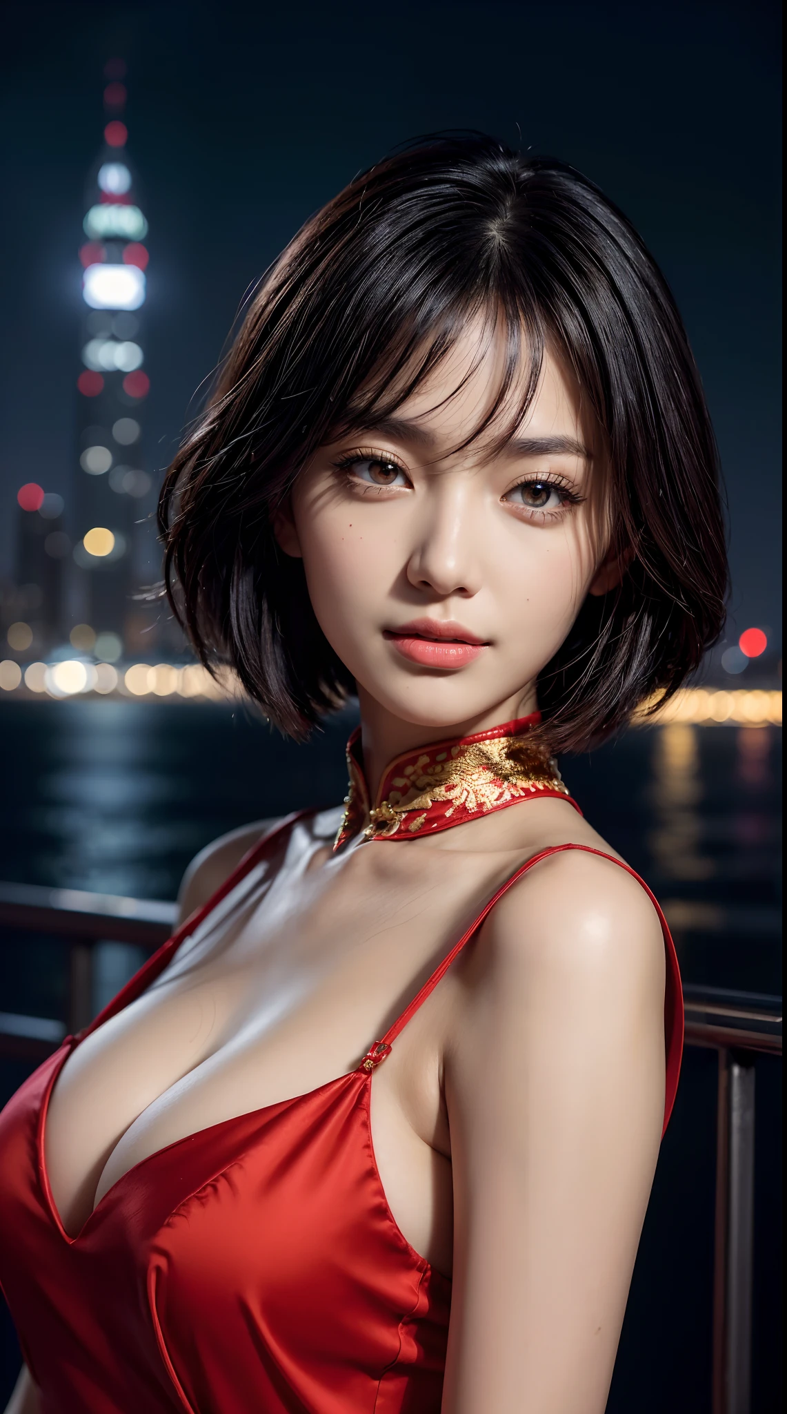 (((Luxury chinese motive red dress))), ((ideal body)), ((hazel eyes)), ((black hair)), ((medium short hair)), ((bright skin)), (((ultra-detailed))), ((illustration)), ((beautiful detailed eyes)), beautiful, amazing, detailed eyes, expressive eyes, solo, 1girl, 1 person, (((masterpiece))), (((realistic:1))), (((best quality))), (((first person view))), ((sexy pose)), ((professional studio lightning)), ((staring to viewer)), (smirk), (((close up portrait))), ((city skyline in the night background)).