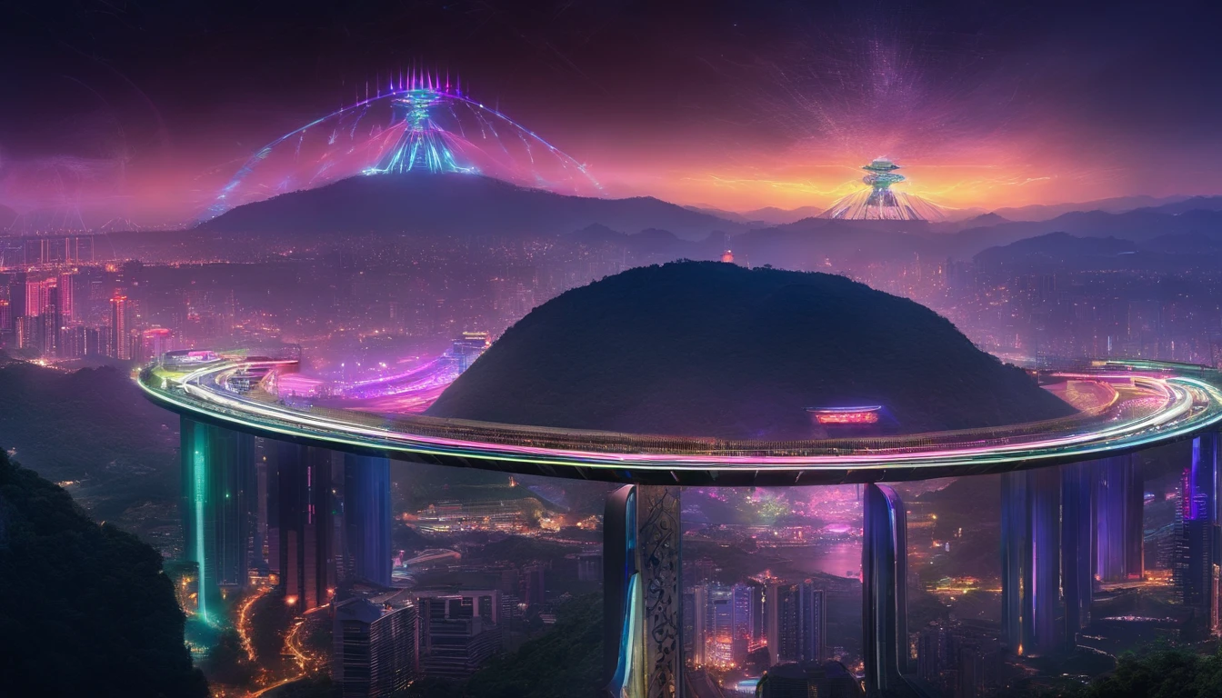 (((a large-breast bikini slim GIRL with black micro sunglasses))), (((aiming at viewer with a pistol))), a balcony of a futuristic building, aerial view of an ultra-futuristic megalopolis, many metal buildings and houses in dark colors from dark blue to black, a cidade tem tons de cinza metal, has smoky metal structures , industrial environment with smoke and fog around, carros escuros nas ruas, desert megalopolis, trilhos e trens modernos de de metal passando estre as ruas da cidade, tall futuristic metal buildings, many ultra modern buildings around, (((an Egypt sphinx statue on the top of building))), realistic, detailed, sci-fi.