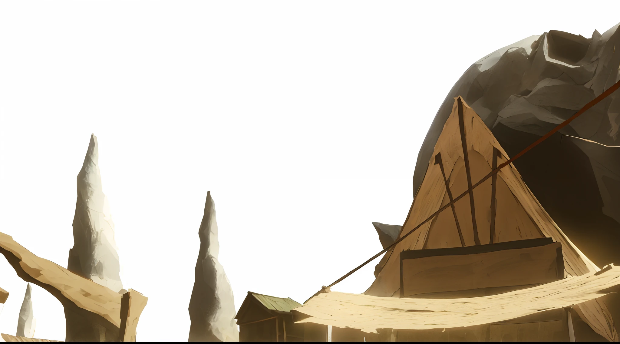desert market building with lots of goods, lots of tents, sand and stone road, lots of tied ropes, lots of tables, lots of tall stone statues, lots of flags tied on ropes, Makoto Shinkai style render, anime style, 2D style render, bones and skulls, sand dunes, cloth roofs, wooden posts,