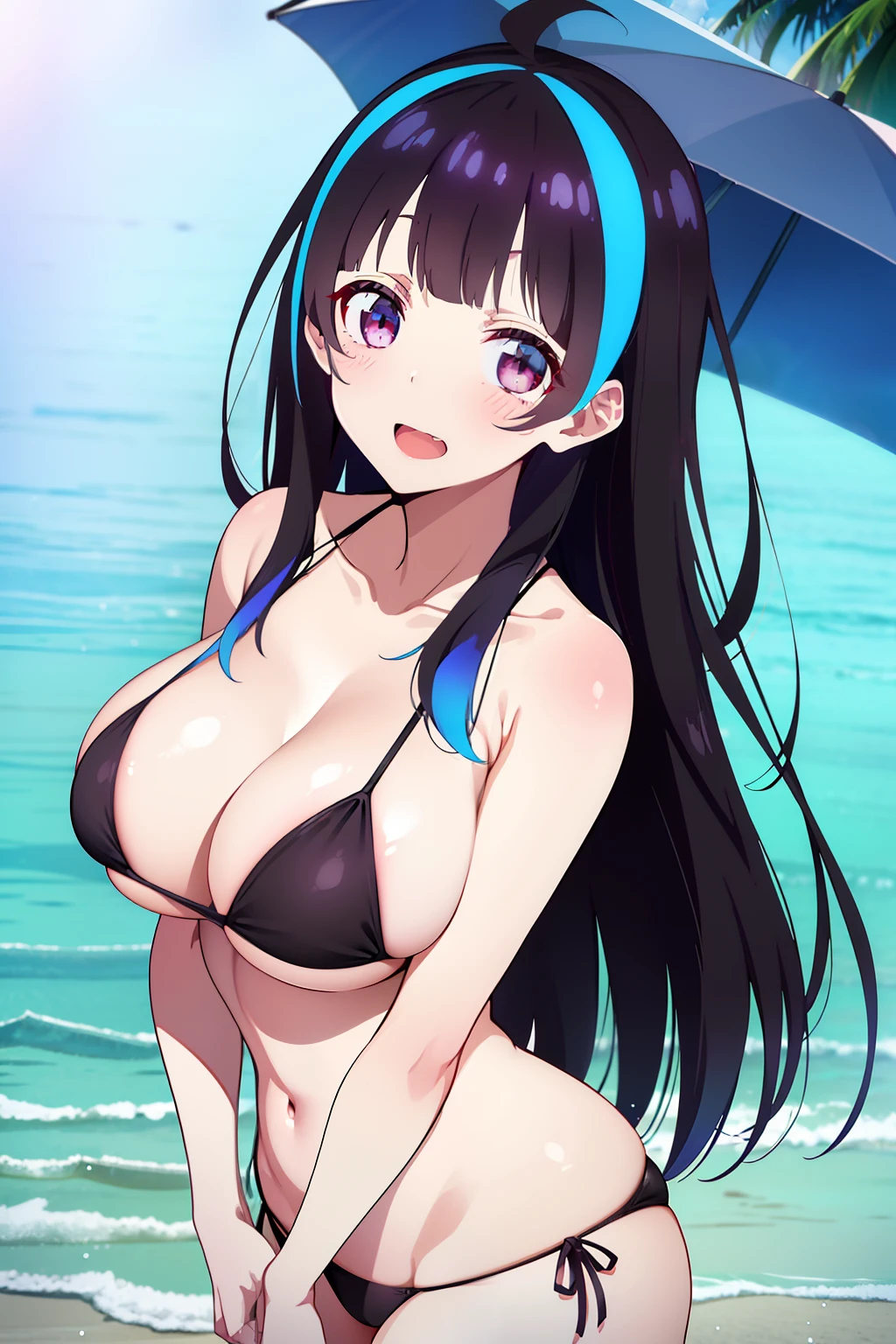 Minya Johnson, Mini Yaemori, Long hair, Bangs, Black hair, Blue hair, (Purple eyes:1.1), multicolored hair, Blunt bangs, striated hair, Ahoge,looking at the viewers,BREAK (masutepiece:1.2), Best Quality, High resolution, Unity 8k壁纸, (Illustration:0.8), (Beautiful detailed eyes:1.6), extra detailed face, Perfect Lighting, extremely details CG, (Perfect hands, Perfect Anatomy),Naughty big、 (Black :1.3)、(the beach:1.3)、cowboy  shot、thighs thighs thighs thighs、Smile with open mouth、double tooth、、