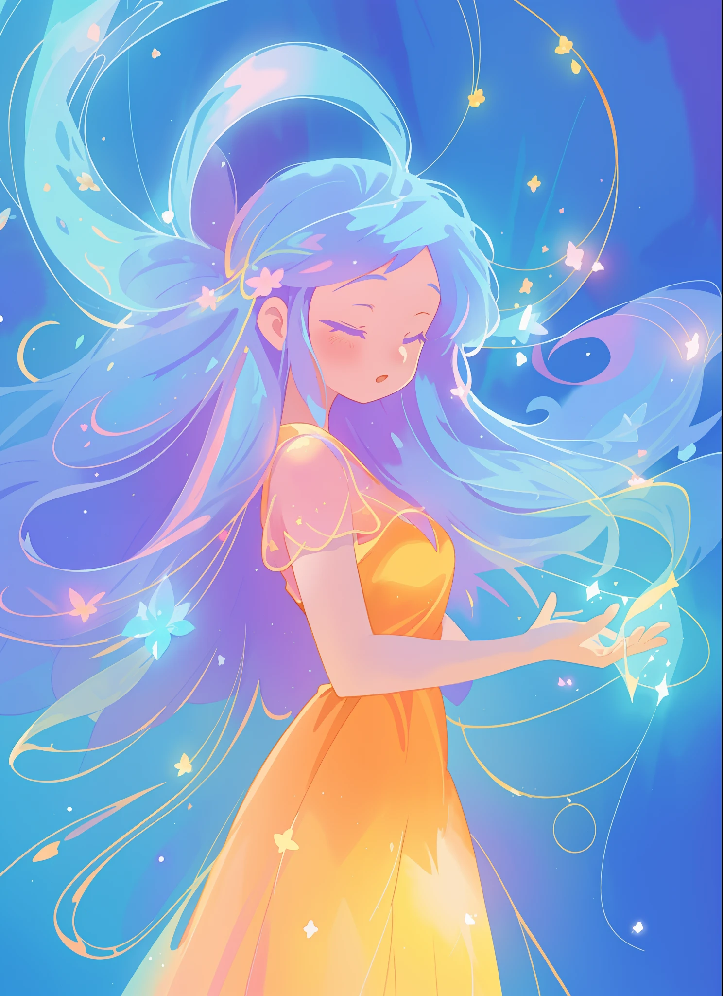 beautiful girl in gold orange ballgown, long sparkling liquid blue purple pink hair, colorful fantasia background, watercolor illustration, disney art style, glowing aura around her, glowing lights, beautiful digital illustration, fantasia otherworldly landscape plants flowers, beautiful, masterpiece, best quality, anime disney style