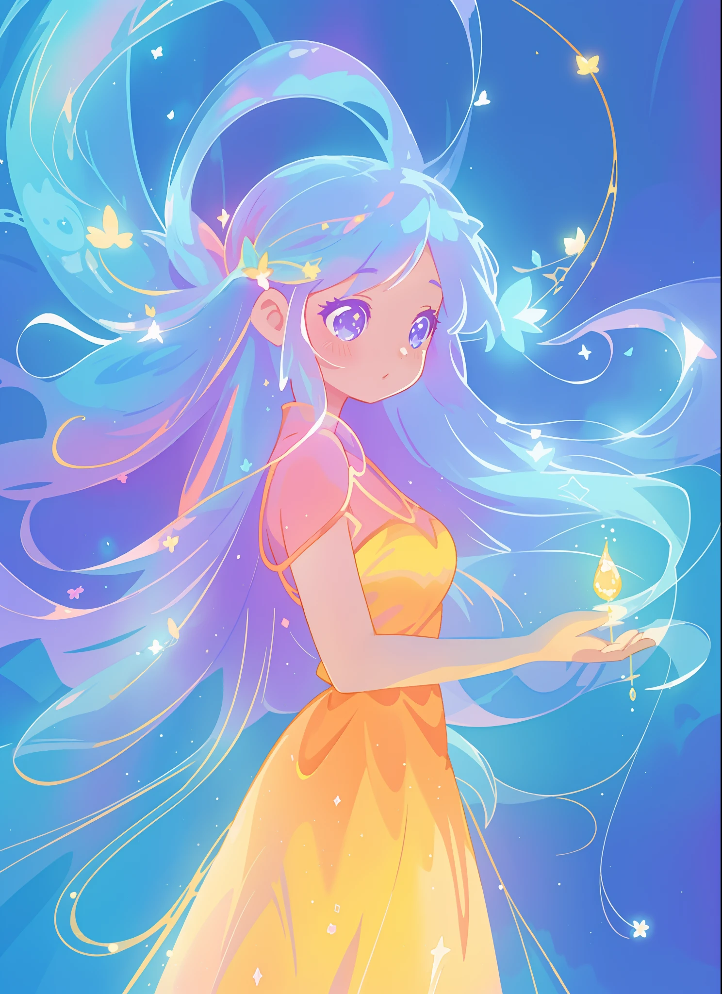 beautiful girl in gold orange ballgown, long sparkling liquid blue purple pink hair, colorful fantasia background, watercolor illustration, disney art style, glowing aura around her, glowing lights, beautiful digital illustration, fantasia otherworldly landscape plants flowers, beautiful, masterpiece, best quality, anime disney style