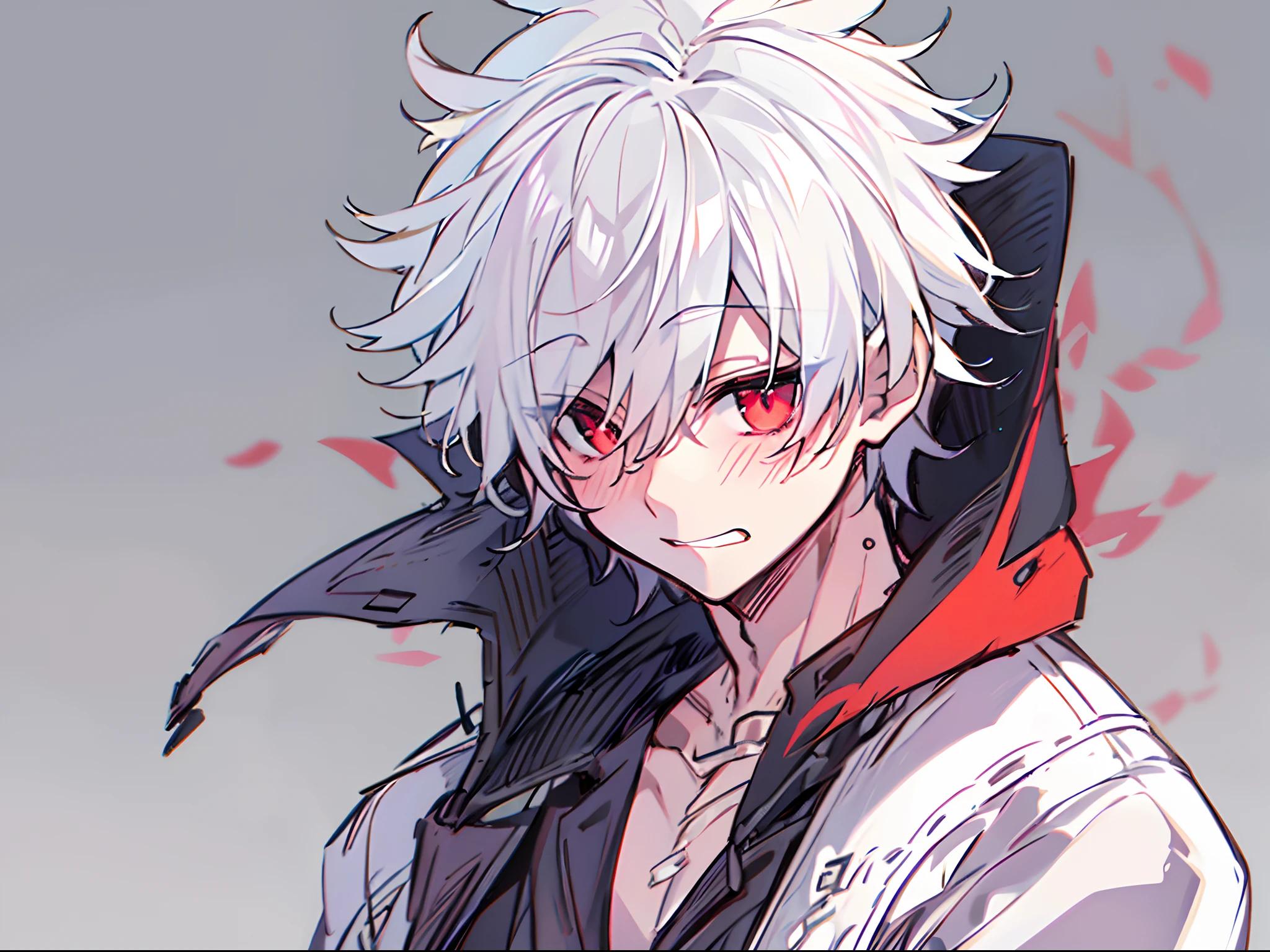 nffsw, Best Quality, masutepiece,Anime boy with white hair and red eyes staring at camera, Highlights in the eyes、slim, dressed in a black outfit,hair messy,blushed face、with a pure white background、perspiring、cute little