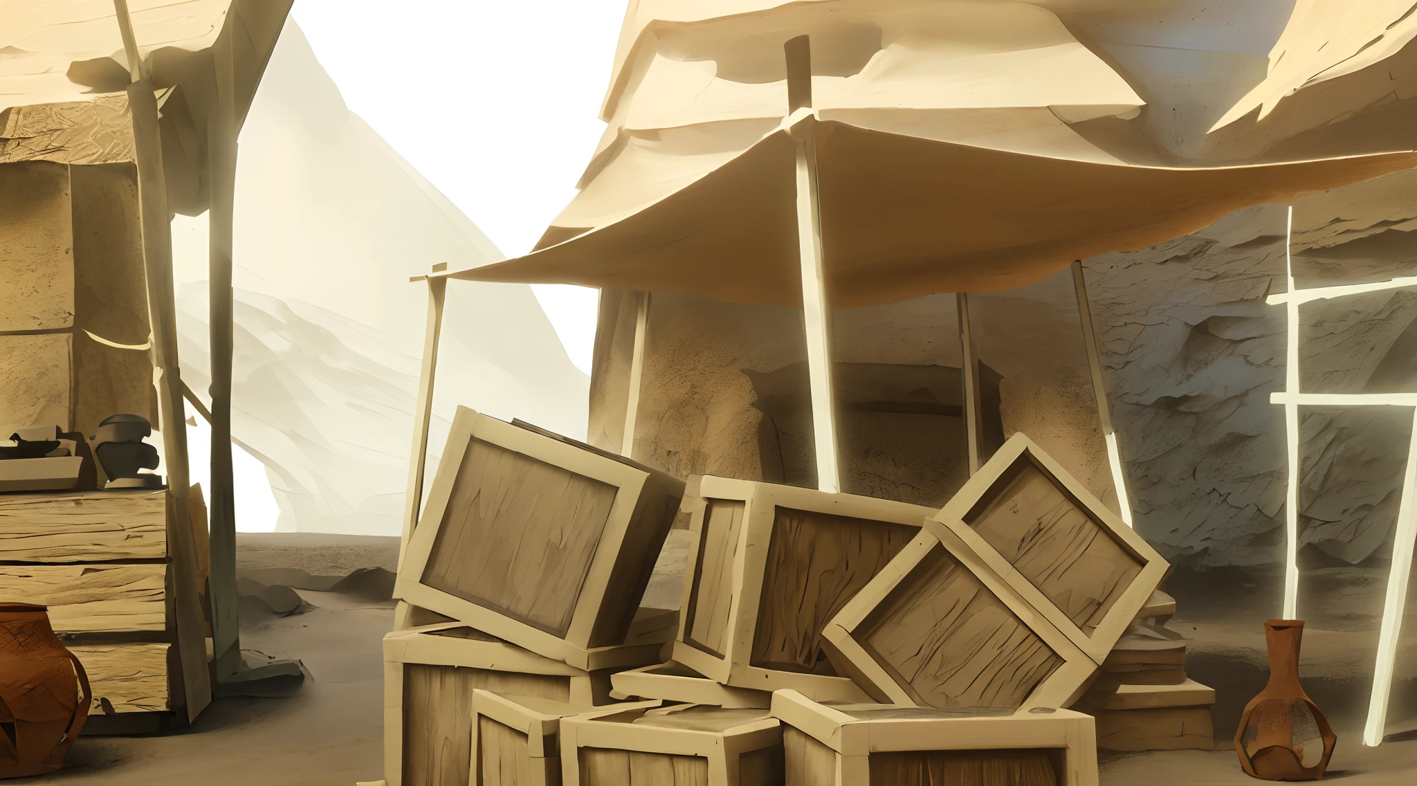 desert market building with lots of goods, lots of tents, sand and stone road, lots of tied ropes, lots of tables, lots of tall stone statues, lots of flags tied on ropes, Makoto Shinkai style render, anime style, 2D style render, bones and skulls, sand dunes, cloth roofs, wooden posts,