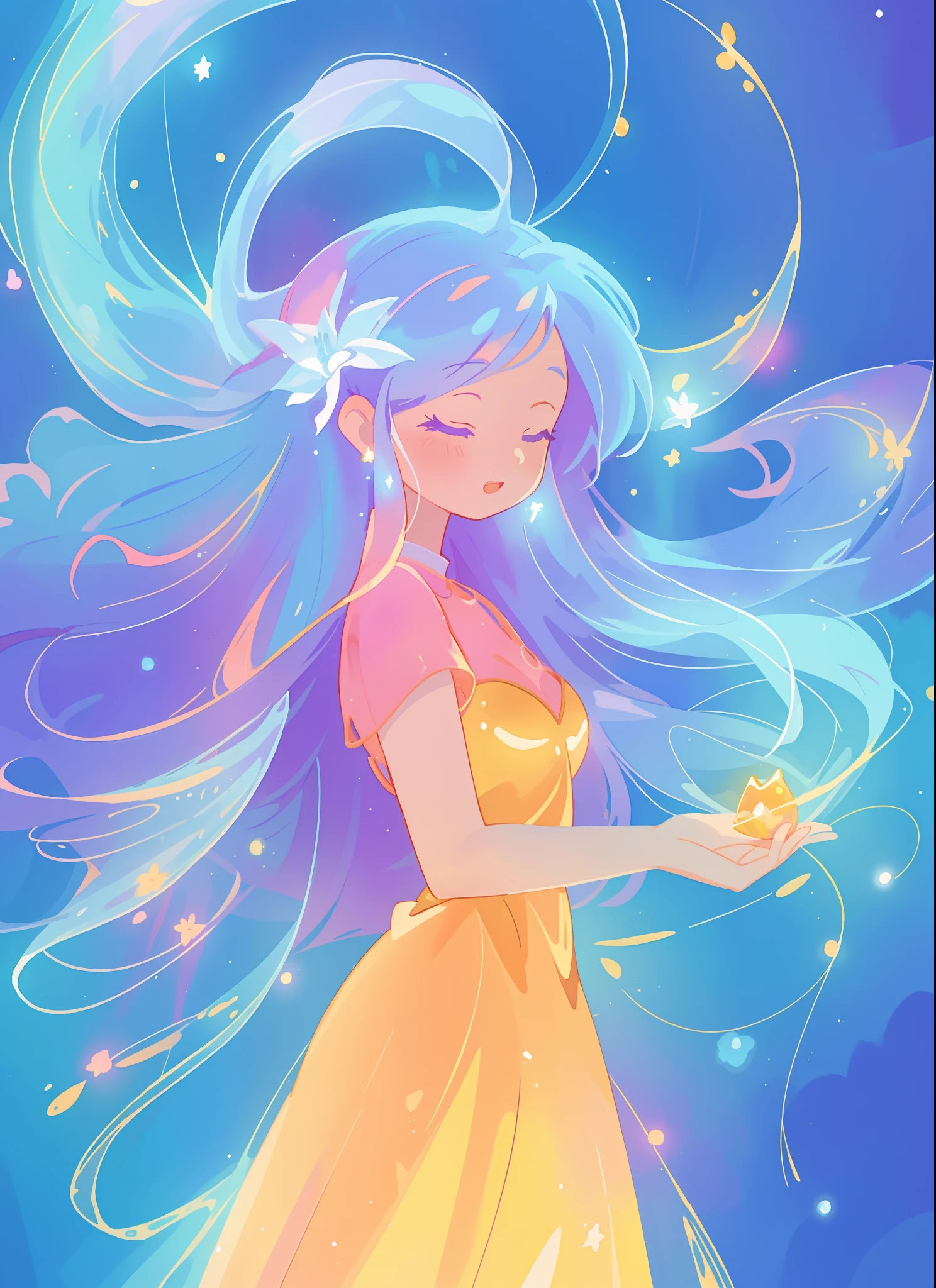 beautiful girl in gold orange ballgown, long sparkling liquid blue purple pink hair, colorful fantasia background, watercolor illustration, disney art style, glowing aura around her, glowing lights, beautiful digital illustration, fantasia otherworldly landscape plants flowers, beautiful, masterpiece, best quality, anime disney style
