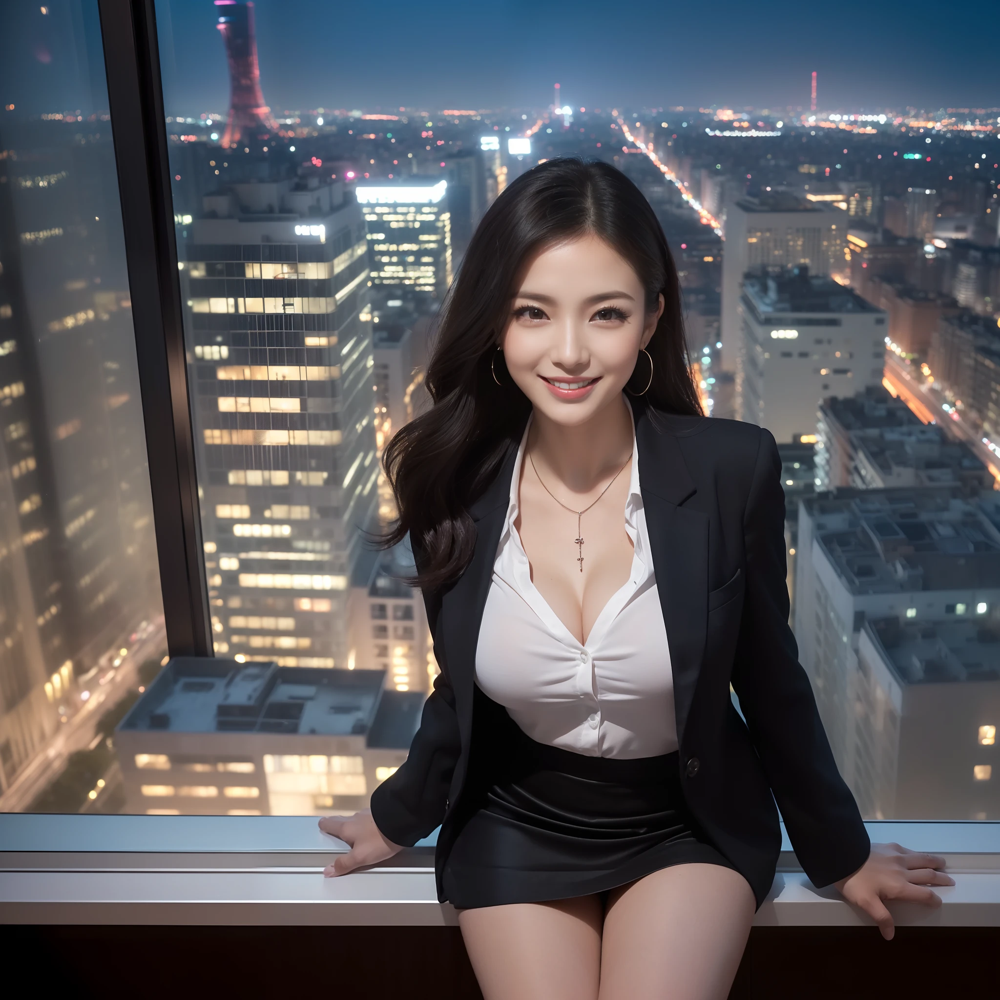 ((1人の女性,Beauty Secretary: 1,25-years old,Classy long-sleeved blouse,Suit jacket,Classy mini skirt,a necklace,Wave Hair,Big smile,looking happy smile,Room in a tower apartment on the 40th floor,One huge window in the background,Huge windows,nighttime scene,Complex night scene,From the window, You can enjoy the view from the 40th floor,Faces close,Beautiful night view in the background,Midnight,Panoramic night view,Midnight view,Midnight,Looking at the camera,Shot from the waist up)),((Perfect makeup,Glossy lips,The most beautiful faces in Japan,long eyelashes,adultlike face,Adult beauties,smil,Beautiful lips,Perfect glossy lips,Faces close,Staring at this,Breasts are big)),((The best lighting for epic movies,super-fine,beautiful hairl,Detailed rooms in luxury apartments,Romantic night view,Complex night scene,Detailed night view,,super-fine,beautiful hairl,The most beautiful faces in Japan,View here,Perfect fingers,face perfect,细致背景,Fair skin,Crystal clear white skin,Perfect fingers,细致背景,top-quality,The ultra -The high-definition,Perfect Anatomy,high-definition RAW color photography,professional photograpy, Very delicate, Extremely detailed,finely detail, Huge file size,Top image quality,8K,Award-Winning Works,masutepiece,Professional filming,a high chroma))