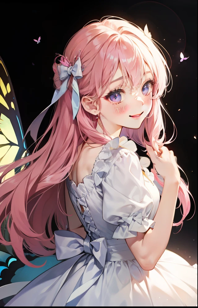 girl with、Background white、without background、Pink hair、The long-haired、with blush cheeks、Embarrassing、White Dress、butterflys々、Butterfly wings grow、frilld、bow ribbon、Smiling、kawaii、without background