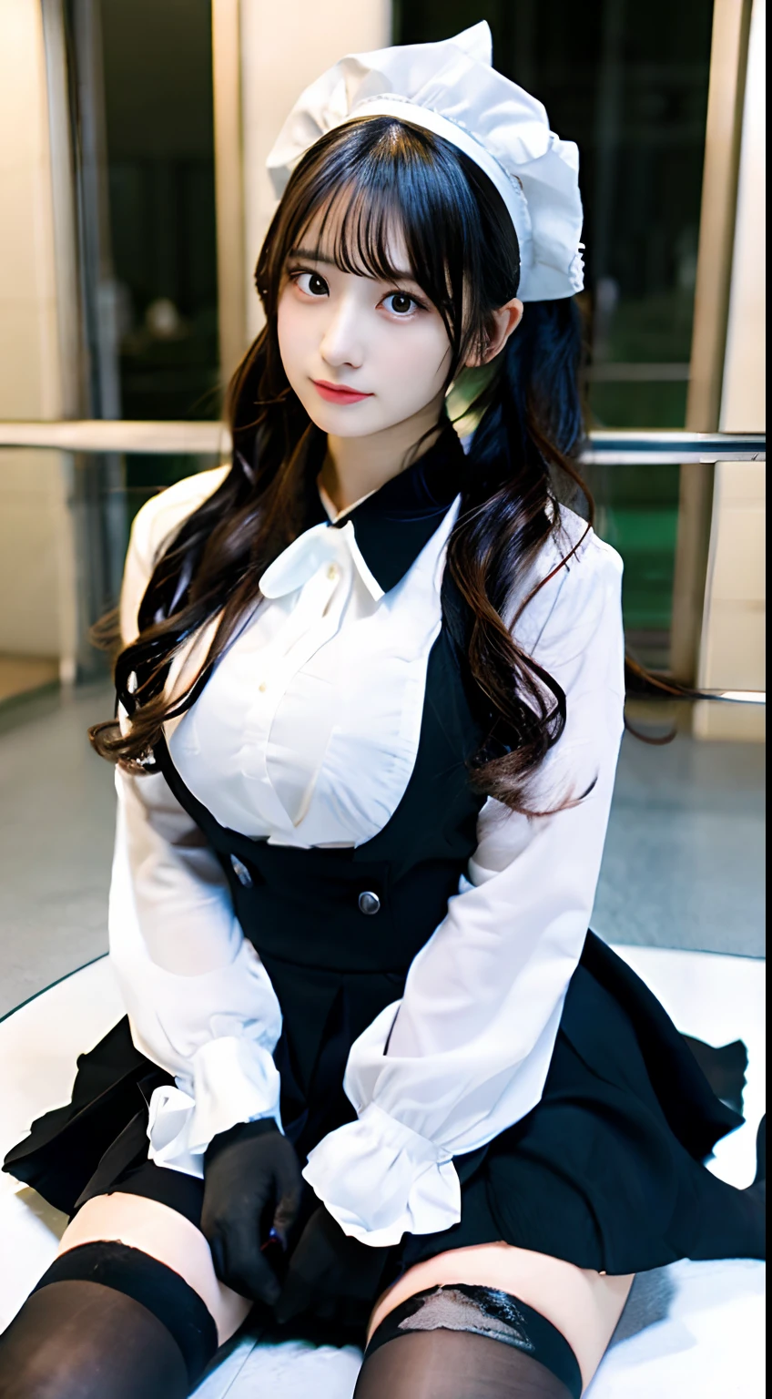 Female Anime Characters in Uniforms, black-white skintight robes!, !!Full body portrait!!, Tifa, cellshading!!!, Kantai Collection Style, full body commission for, Tifa Lockhart, cel - shaded art style, twintails white_gloves, anya from spy x family, maid clothes, anime moe art style、masutepiece, of the highest quality, Best Quality, Beautiful and aesthetic:1.2), Ultra-detailed, Huge breasts, wide hips, Skirt, young adult, 1 girl, Alone, takeda hiromitsu style, Alibaster Skin, Looking at Viewer, blush, slight pouting, Tsundere