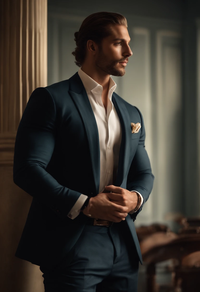 Character standing with crossed arm, Cabelos escuros (neck-length hair tied in a ponytail), nice pose, homem bonito, corpo inteiro, tiro de corpo inteiro, cara bonita, pose lateral, Pose elegante real, Business man, (em um blazer listrado), (The surrounding environment is a luxurious and classic living room) (imagem de tom de areia)