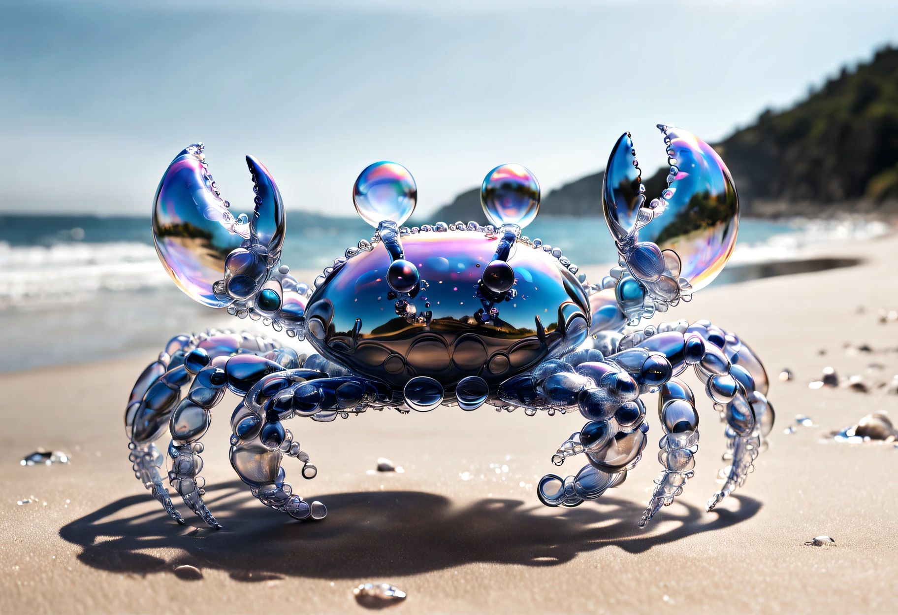 photorealistic fully transparent unusual crab completely made of soap bubbles, highly detailed, on the beach in front of the ocean, perfectly rendered