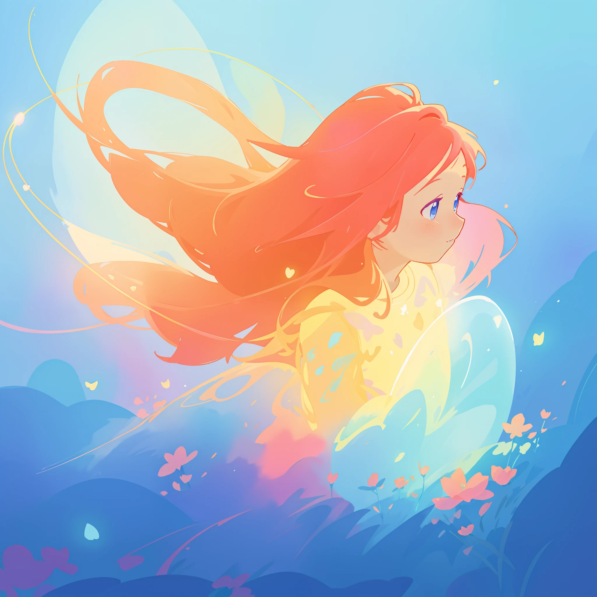 beautiful girl hugging a glowing blue light, long flowing liquid red pink hair, colorful fantasia background, watercolor illustration, disney art style, glowing aura around her, glowing lights, beautiful digital illustration, fantasia otherworldly landscape plants flowers, beautiful, masterpiece, best quality, anime disney style