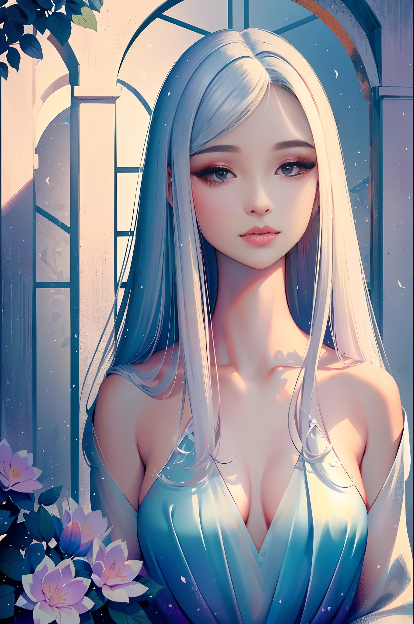 (best quality,high resolution,illustration,hidden eyelashes,quiet courtyard,gentle lighting,misty,dreamlike world,complex intricate details,gentle smile,summer breeze,happy atmosphere,delicate skin,beauty of dawn,soft clothing,flowers around,happy notes,natural portrait,interplay of light and shadow,serene soul,elegant posture,subtle expression,alluring eyes,charming smile,exquisite makeup,mysterious flowers,rich patterns,scrolling scene,tranquil ambiance)