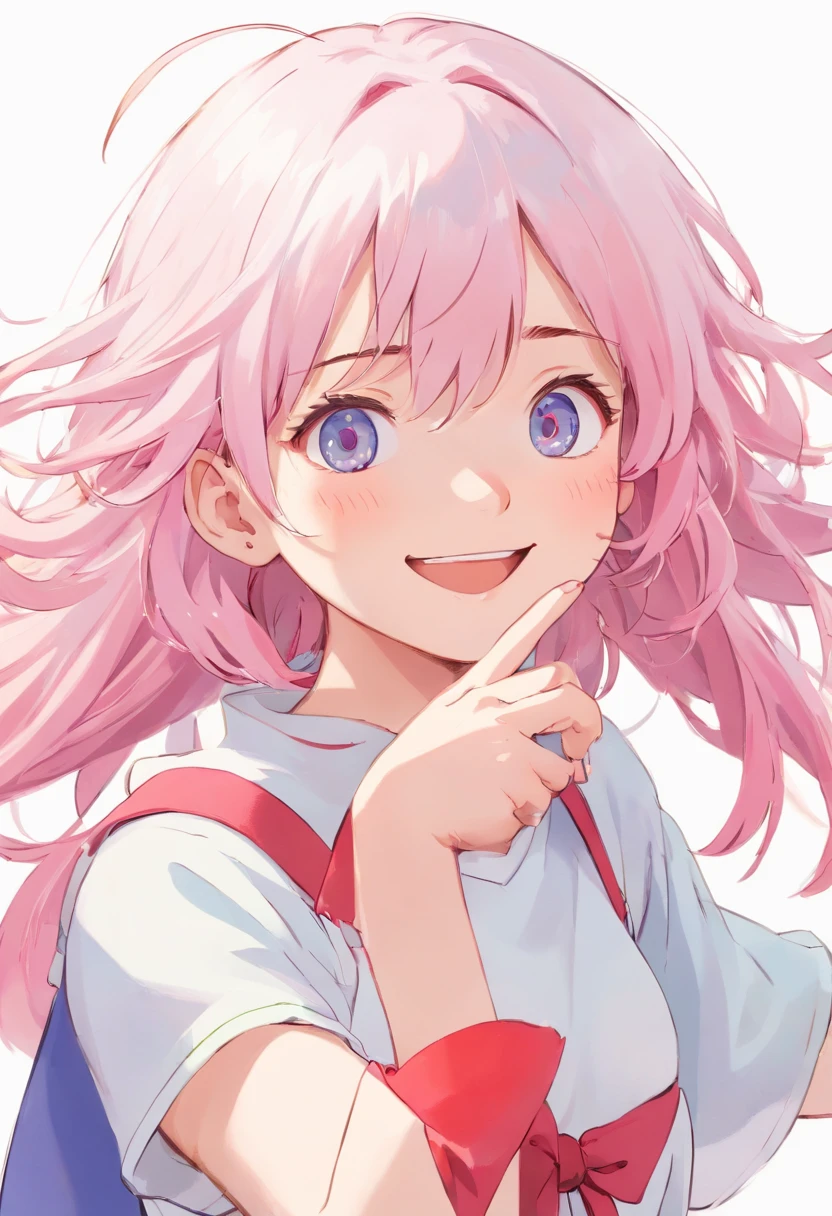 masterpiece, best quality, 1girl, solo, (white background:1.4), looking at viewer, smile, hagikaze, ahoge, gamer girl, pink hair and eyes