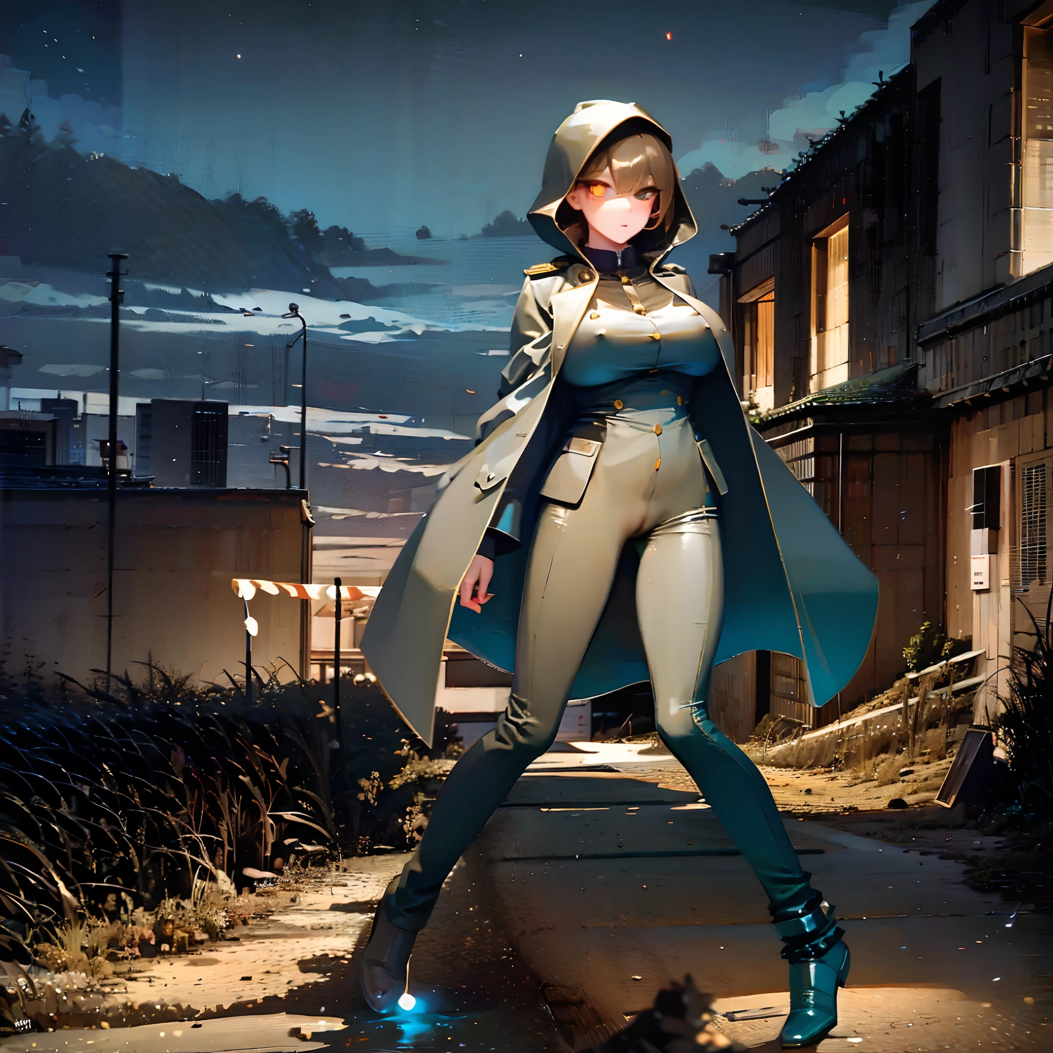 (solo cute girl standing at ruin:1.3 , (light brown hair:1.2) , (very long legs), (thin legs), very short torso, BREAK, (open legs:1.2), tiptoe, pigeon toed, BREAK, (large breasts:1.2), perky breasts, thin waist, BREAK, (dark brown military uniform:1.3), (hood covers face), trousers, BREAK, nose blush, looking at viewer, BREAK, (glowing golden eyes:1.5), BREAK, (masterpiece, best quality, ultra-detailed:1.5)