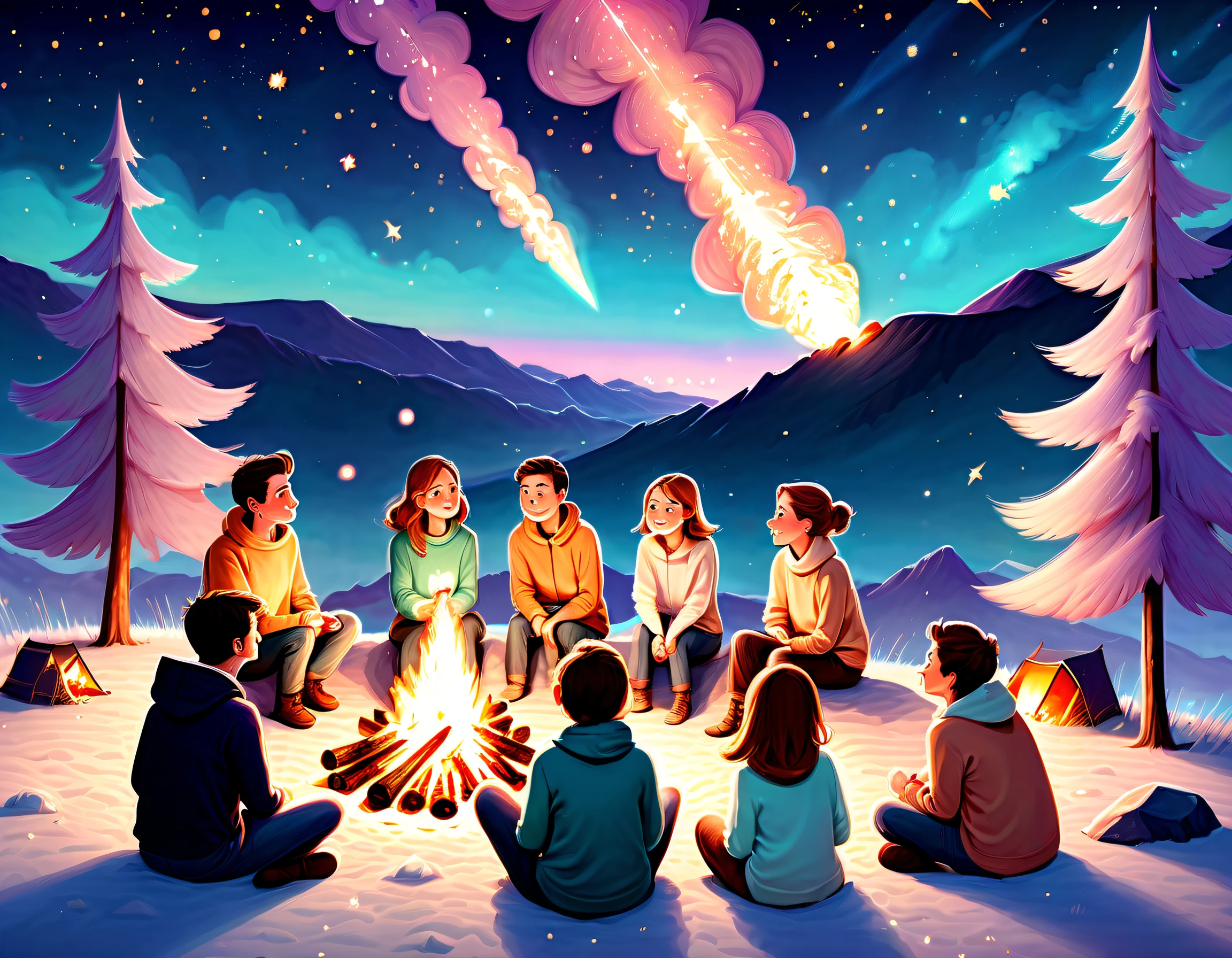gaze up at the Meteor illustration, heartwarming scene, group of friends huddle around a campfire, soft pastel hues, cozy and cute scene, beautiful arrangement, (((radiosity rendered in stunning 32k resolution:1.3))), highest quality, highly quality, exuding a sense of sophistication and maturity of stunning landscape illustration,