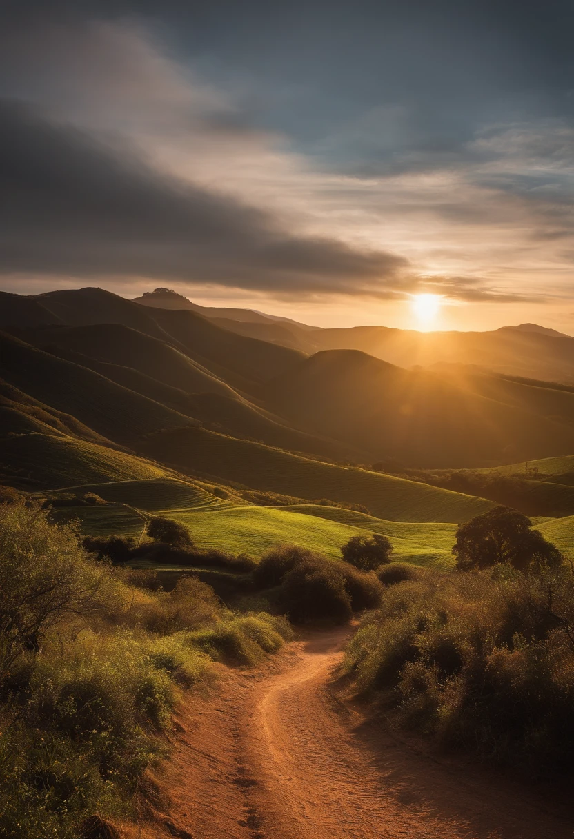 Imagem de uma estrada longa e sinuosa，Luz brilhante que leva ao horizonte,bright morning，raios solares